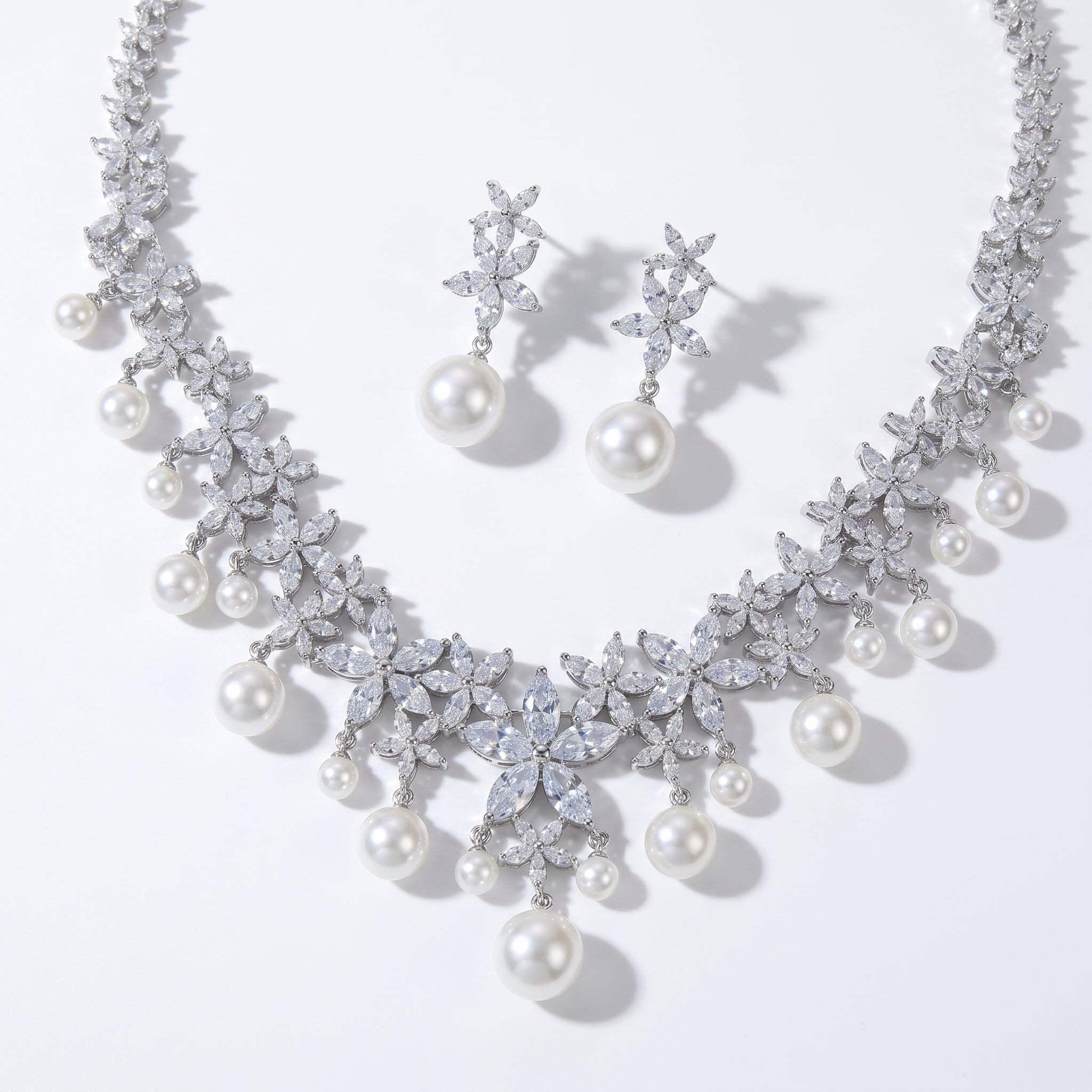 Luxury Marquise Zircon Wheat Ear Bridal Jewelry Set White-Tone Plated Geometric Leaf Choker Necklace & Shimmering Dangle Earrings with Hypoallergenic Pins LUNA-X159