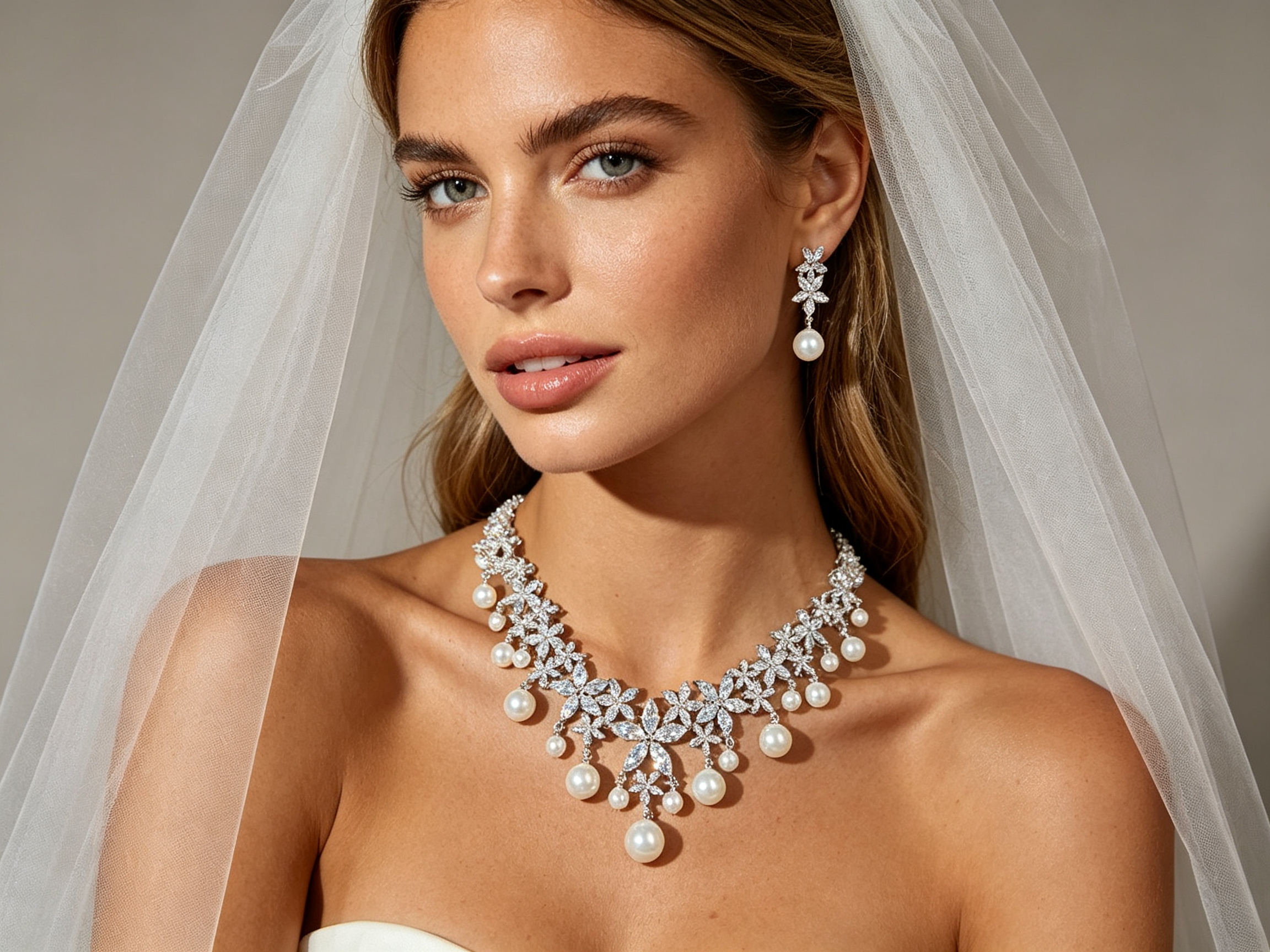 Luxury Marquise Zircon Wheat Ear Bridal Jewelry Set White-Tone Plated Geometric Leaf Choker Necklace & Shimmering Dangle Earrings with Hypoallergenic Pins LUNA-X159