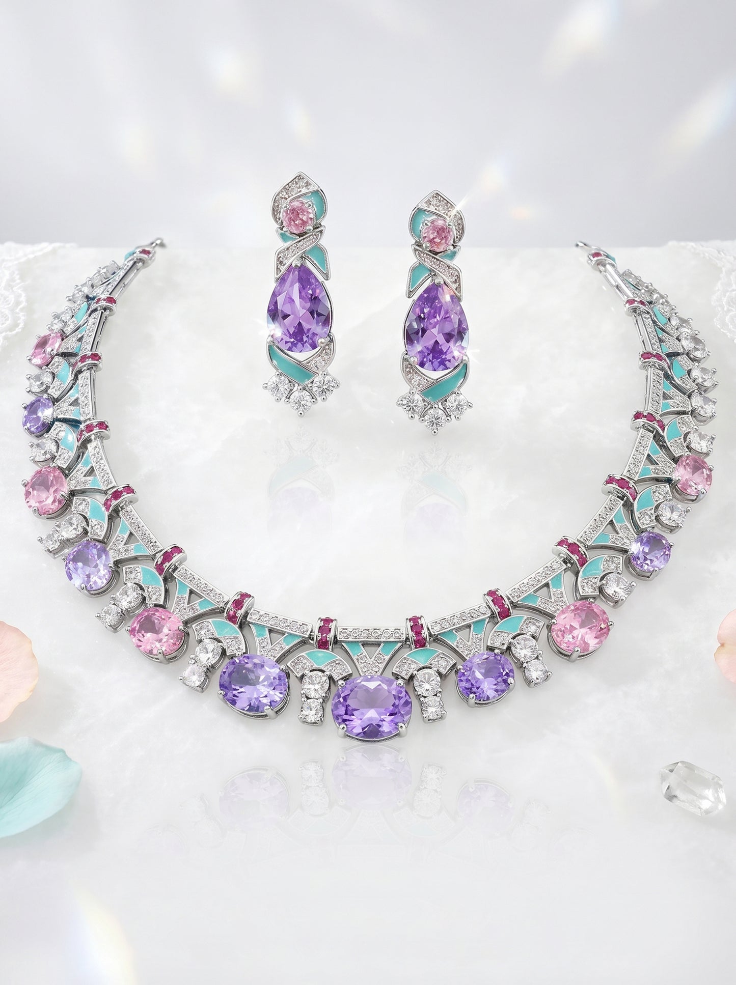 "Palace Garden Palette" Vintage Geometric Jewelry Set Radiant Pastel Ombre Gemstone Cascade Fringe Necklace & Royal Drop Earrings Duo LUNA-X164