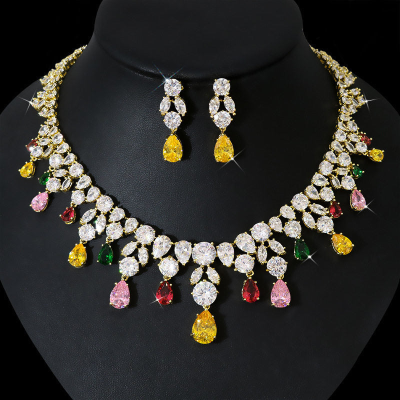 Grand Cascading Teardrop Bridal Jewelry Set in 4 Colors Luxury Statement Choker & Dangle Earrings for Royal Wedding, Prom & Gala LUNA-X168