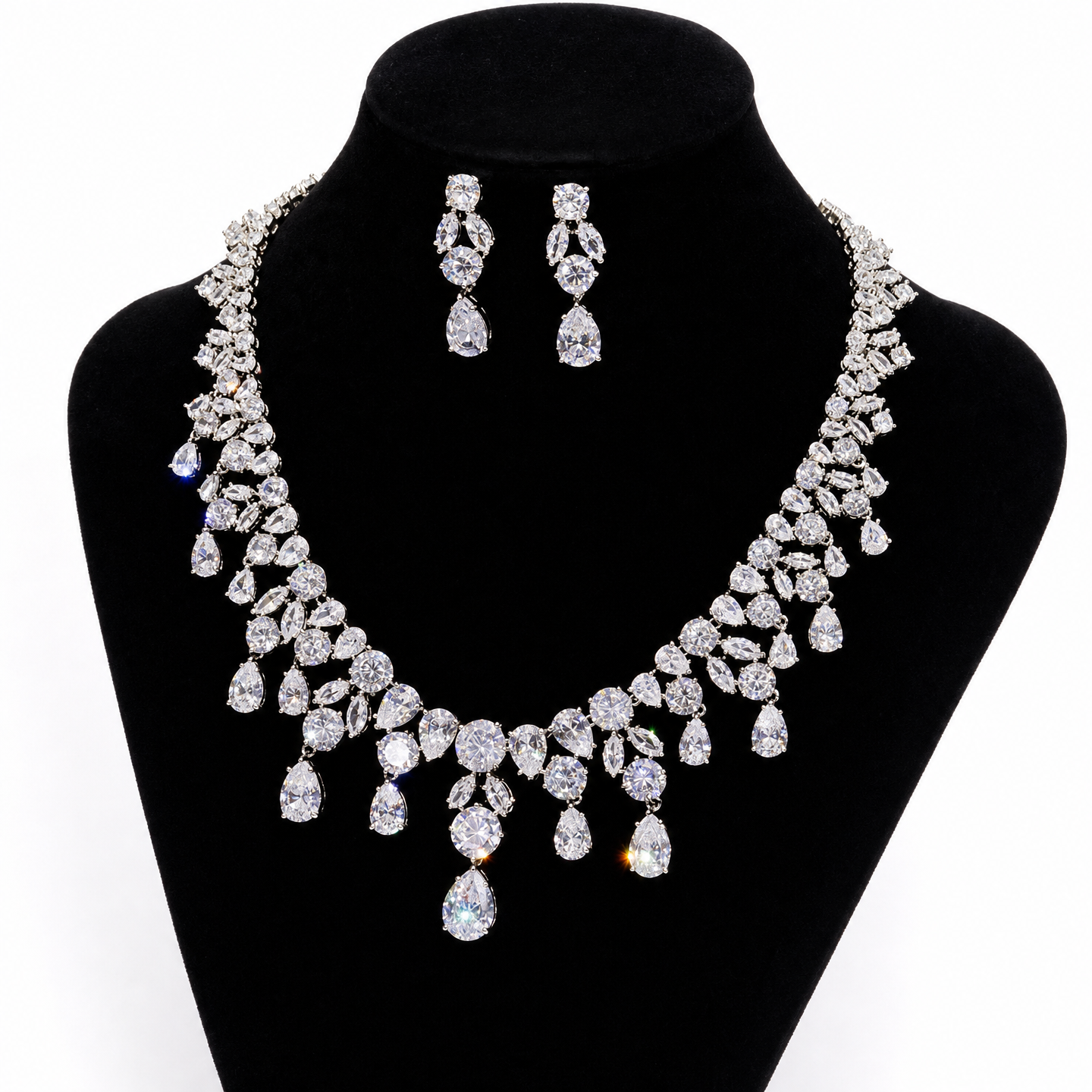 Grand Cascading Teardrop Bridal Jewelry Set in 4 Colors Luxury Statement Choker & Dangle Earrings for Royal Wedding, Prom & Gala LUNA-X168