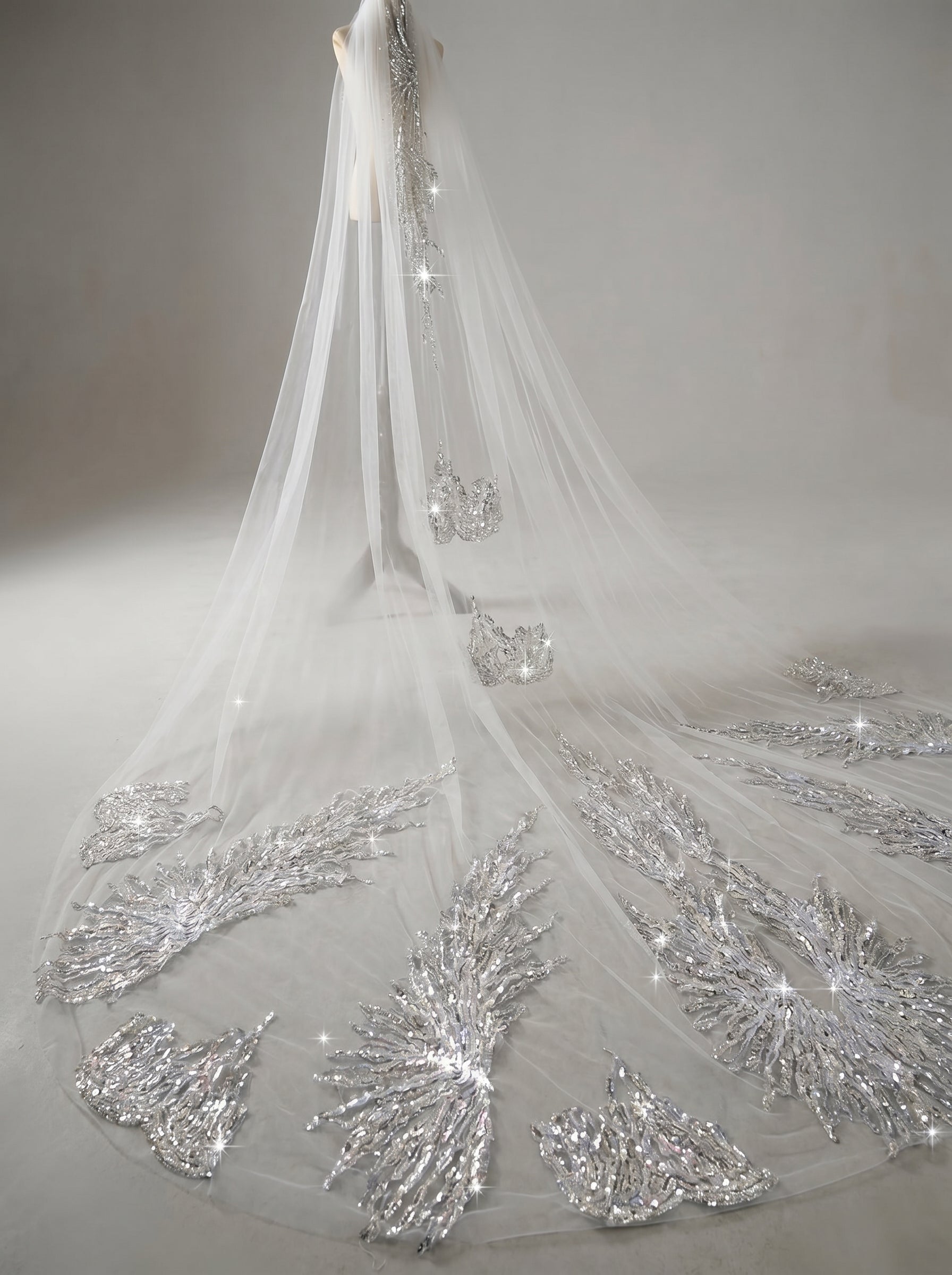 Luxury Regal Cathedral Wedding Veil - 138/150 Sparkly Sequin & Beaded Floral Embroidery Veil with Secure Comb LUNA-X16