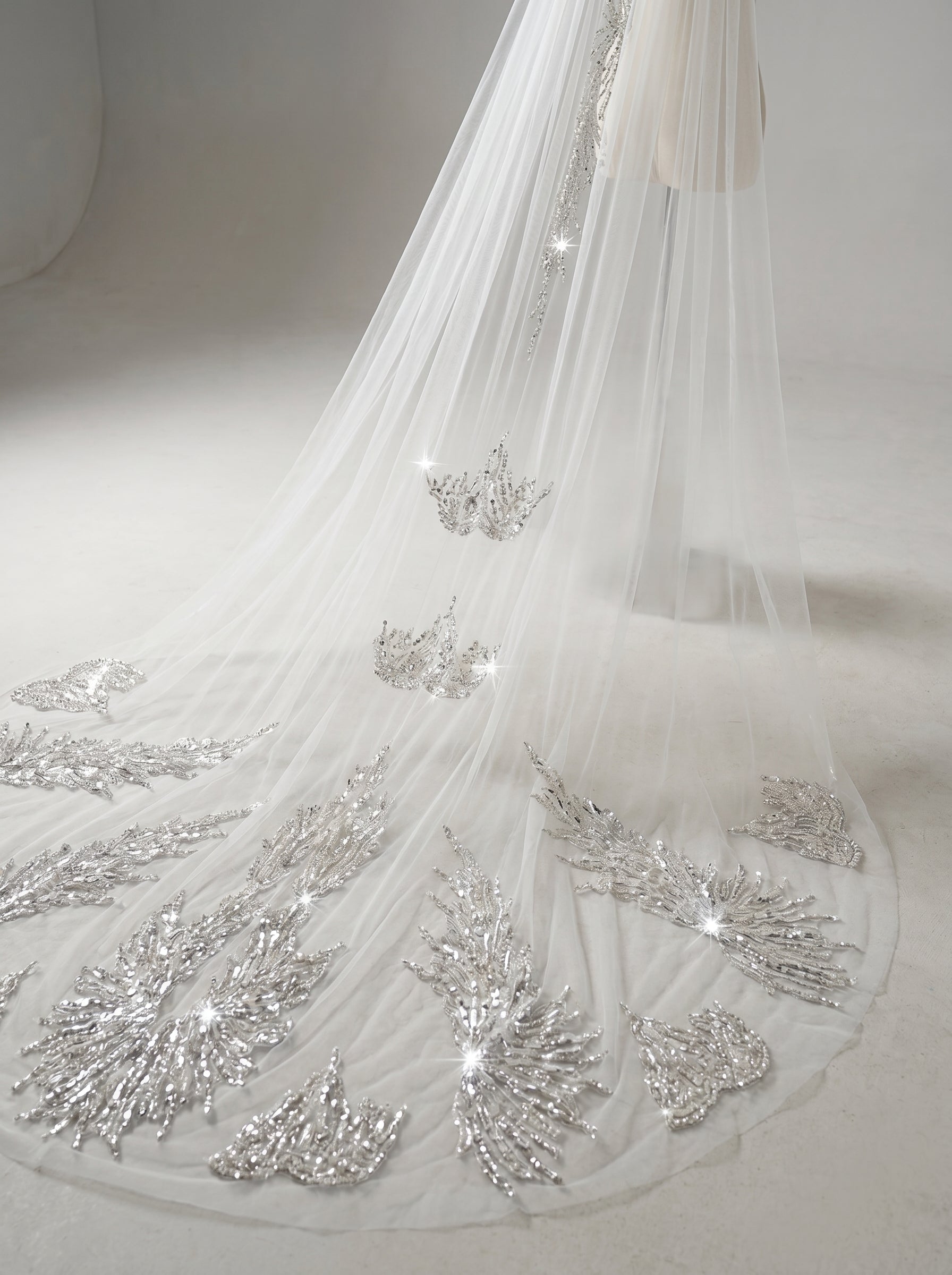 Luxury Regal Cathedral Wedding Veil - 138/150 Sparkly Sequin & Beaded Floral Embroidery Veil with Secure Comb LUNA-X16