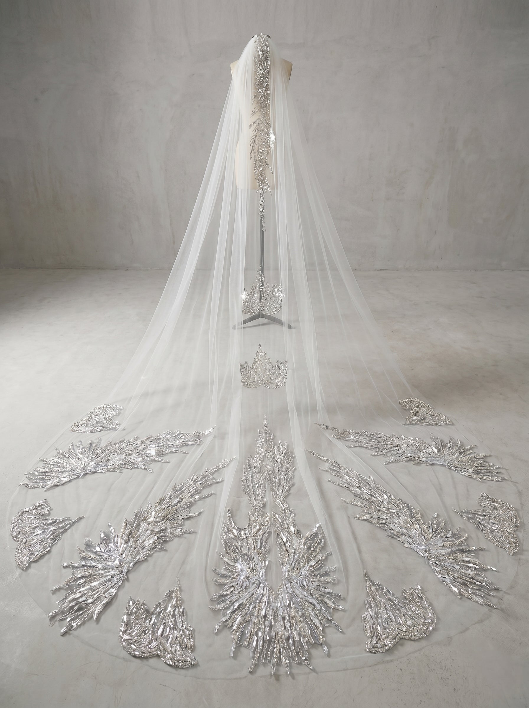 Luxury Regal Cathedral Wedding Veil - 138/150 Sparkly Sequin & Beaded Floral Embroidery Veil with Secure Comb LUNA-X16