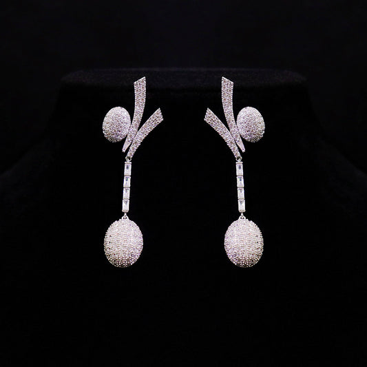 Luxury Micro-Pave CZ Camellia Bridal Jewelry Set White Gold Plated Geometric Flower Necklace & 6.5cm Dangle Earrings with Hypoallergenic Posts | LUNA-X170