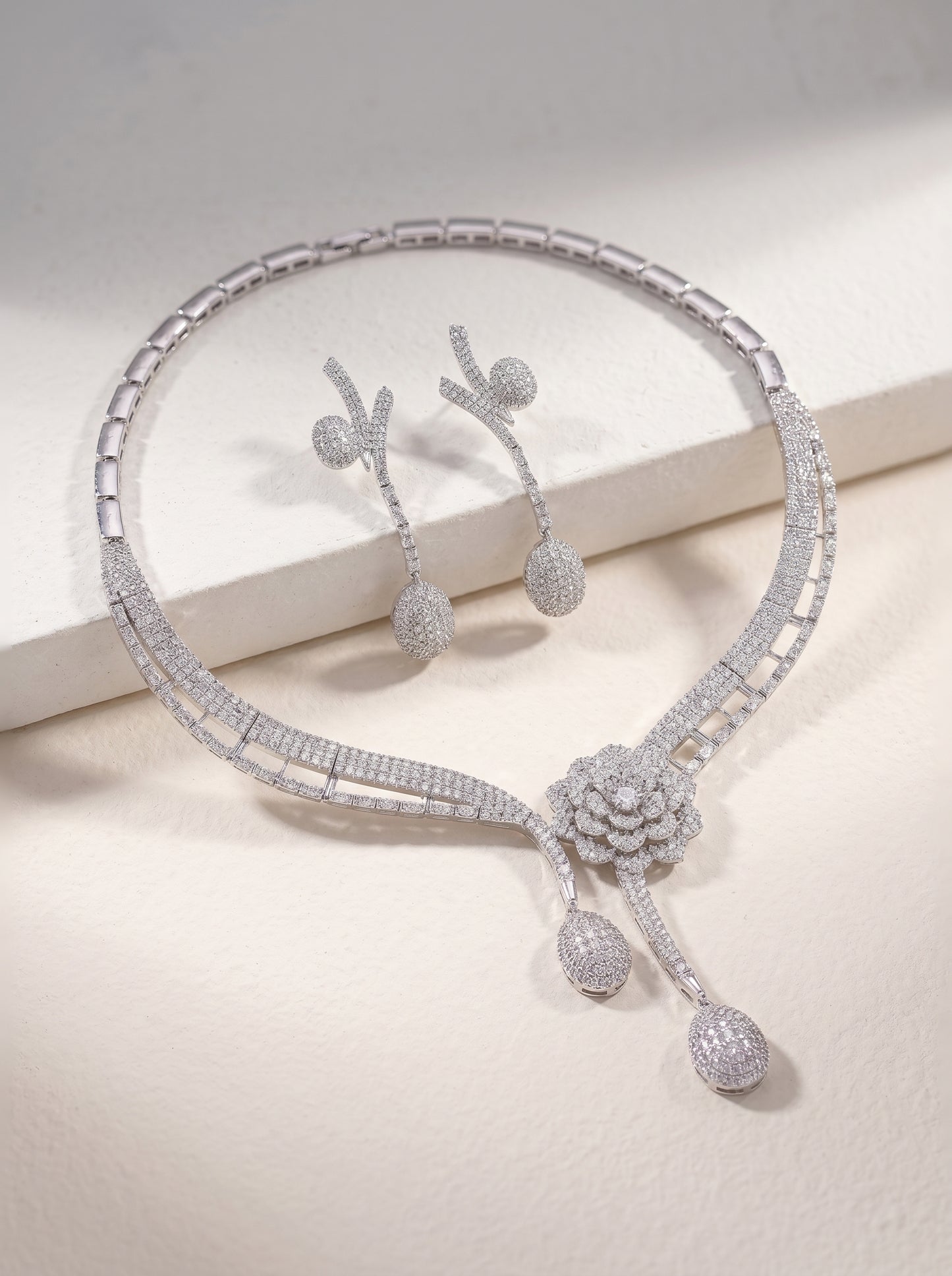 Luxury Micro-Pave CZ Camellia Bridal Jewelry Set White Gold Plated Geometric Flower Necklace & 6.5cm Dangle Earrings with Hypoallergenic Posts | LUNA-X170