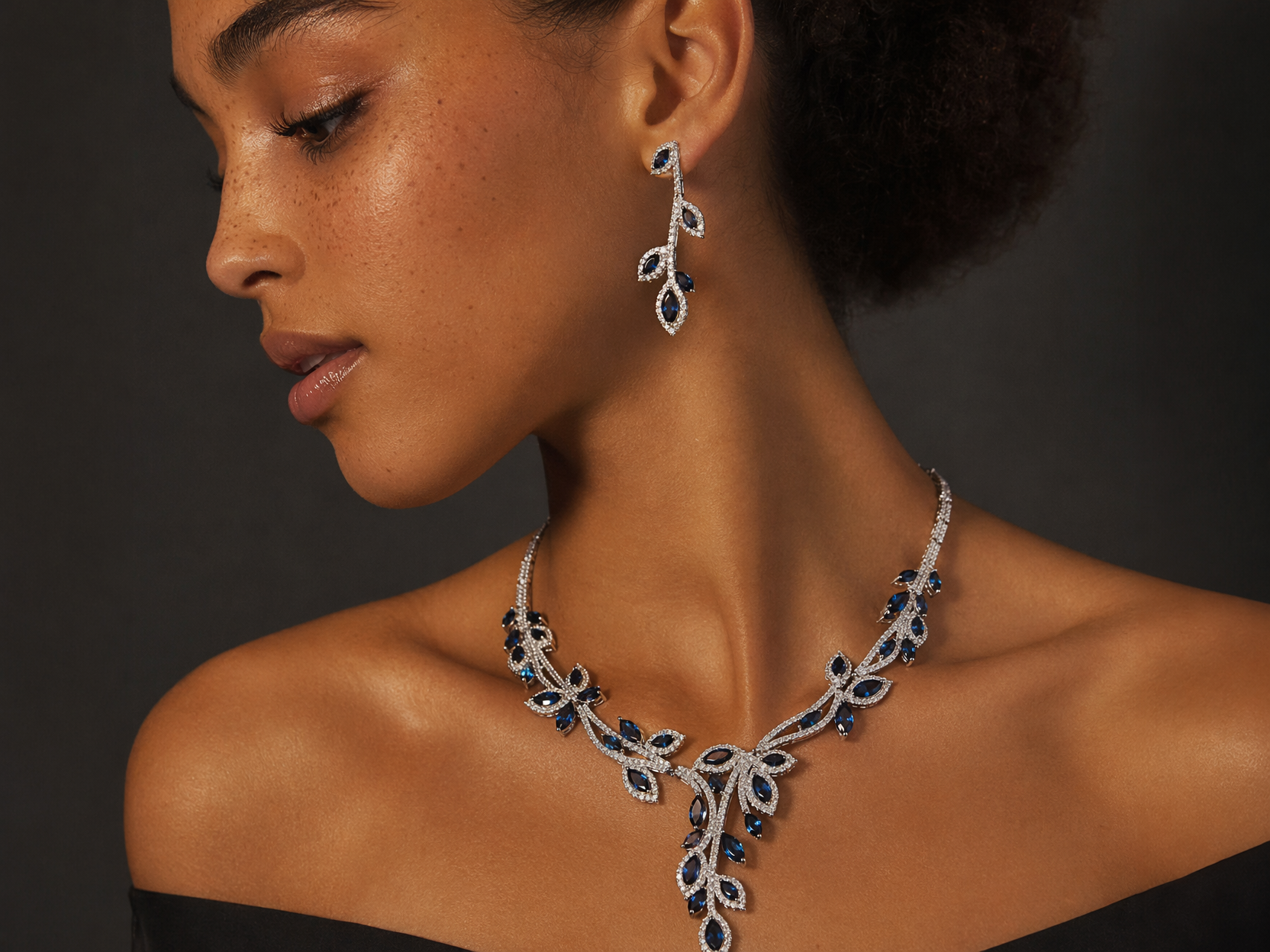 Botanical Vine Bridal Jewelry Set Luxury Marquise CZ Leaf Necklace & 4cm Dangle Earrings Set for Wedding, Royal Blue & Emerald Green | LUNA-X173