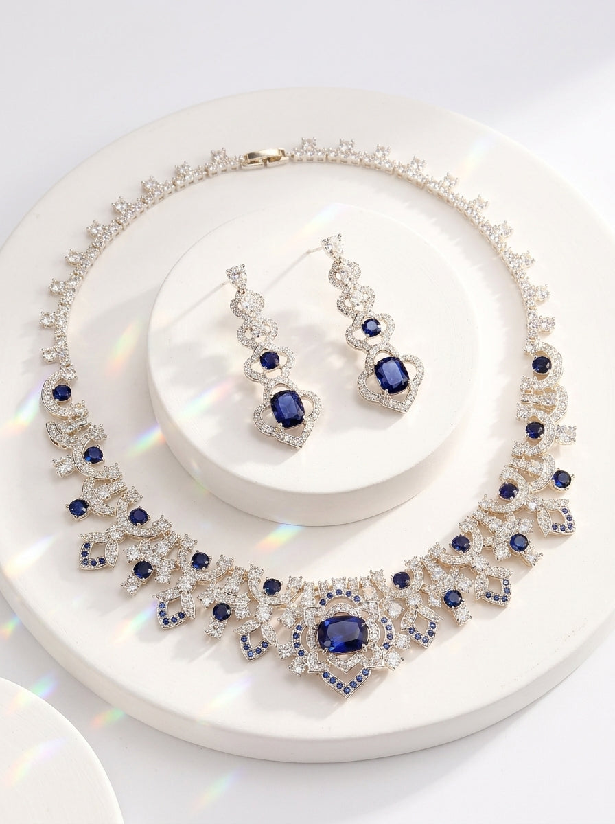Vintage Baroque Sapphire Blue Wedding Jewelry Set Radiant CZ Cluster Necklace & Dangle Stud Earrings Gift Set for Bride & Gala  LUNA-X174