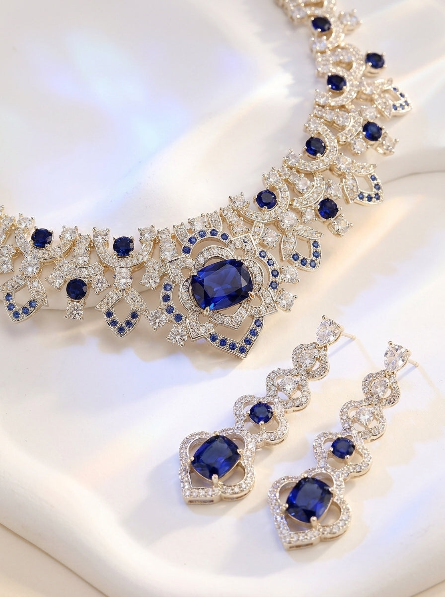 Vintage Baroque Sapphire Blue Wedding Jewelry Set Radiant CZ Cluster Necklace & Dangle Stud Earrings Gift Set for Bride & Gala  LUNA-X174