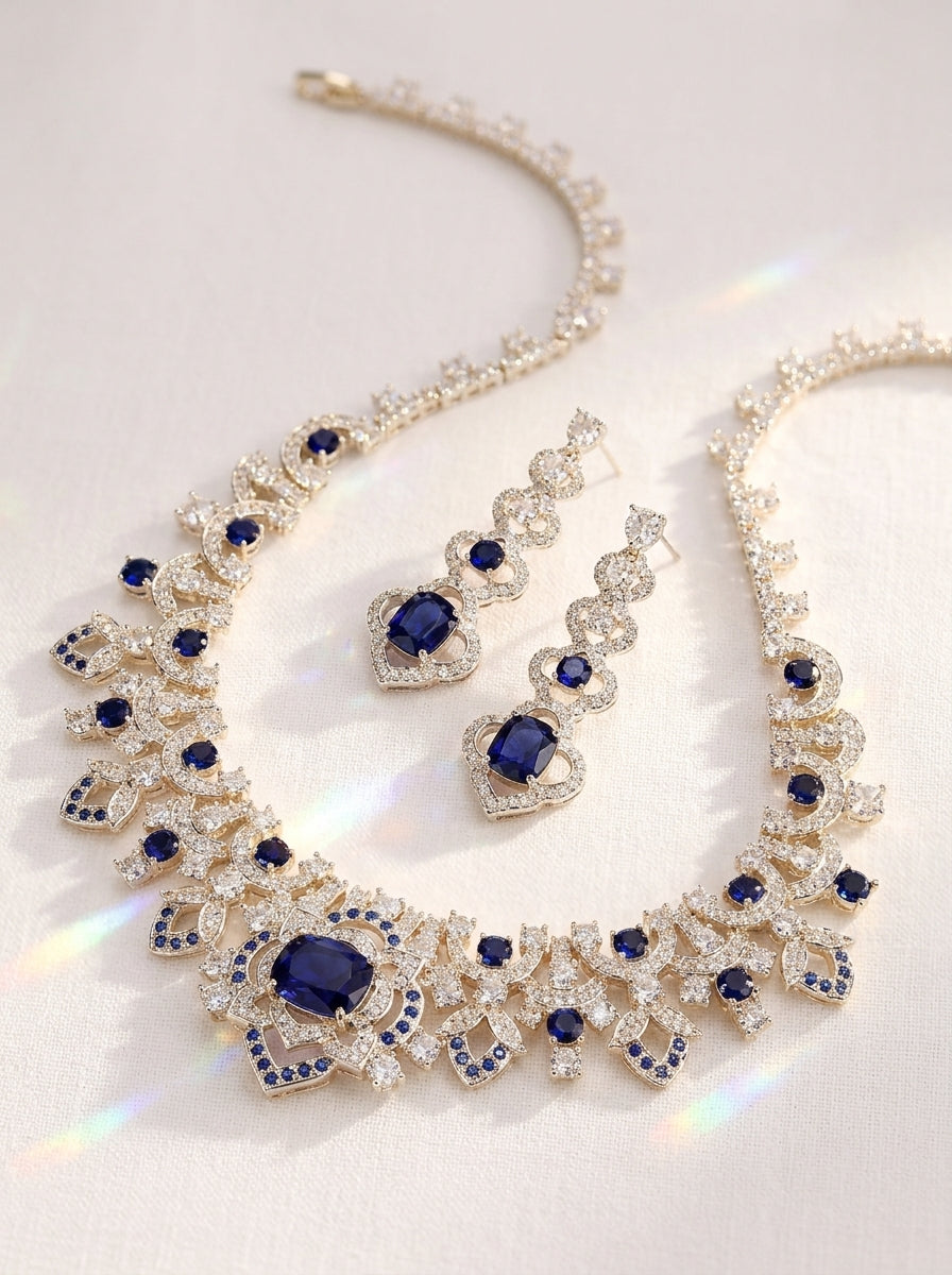 Vintage Baroque Sapphire Blue Wedding Jewelry Set Radiant CZ Cluster Necklace & Dangle Stud Earrings Gift Set for Bride & Gala  LUNA-X174