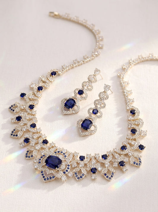Vintage Baroque Sapphire Blue Wedding Jewelry Set Radiant CZ Cluster Necklace & Dangle Stud Earrings Gift Set for Bride & Gala  LUNA-X174