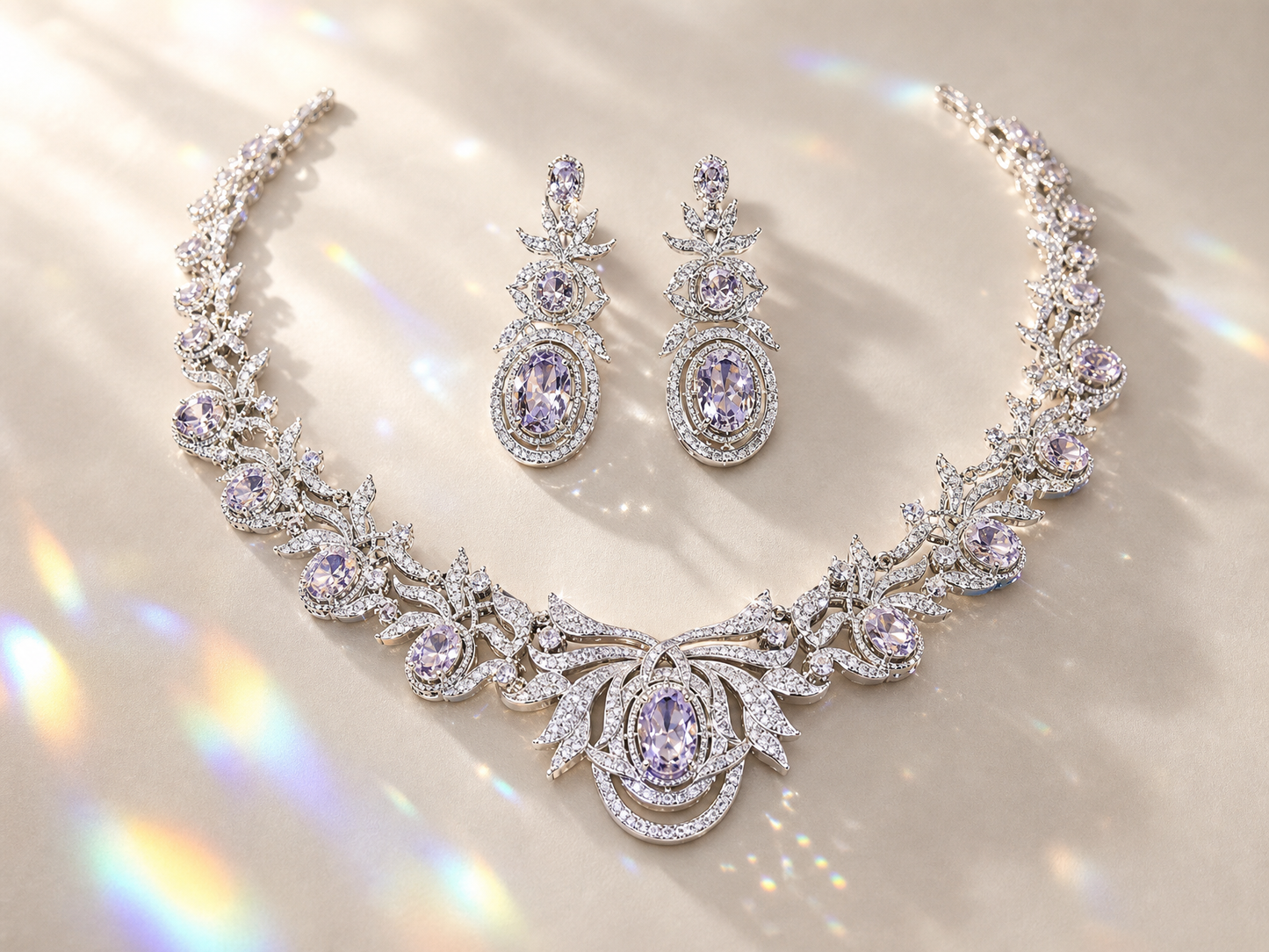 Luxury 3A Cubic Zirconia Bridal Jewelry Set, Platinum-Plated Handcrafted Prong Setting Necklace and Drop Earrings Set for Bride LUNA-X175