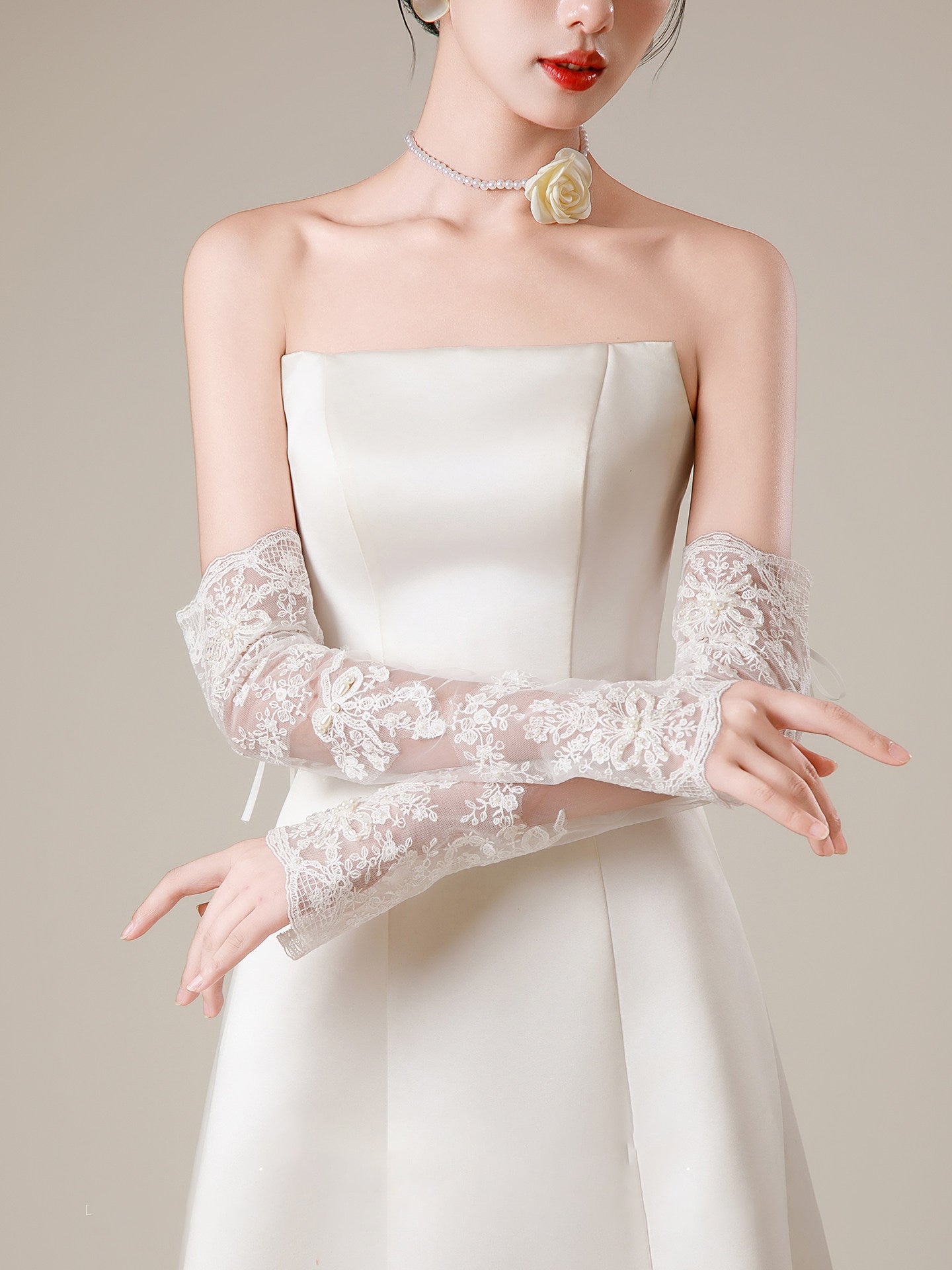 Vintage Fingerless Bridal Gloves Long 47cm, Floral Lace Wedding Sleeve Gloves with imitation pearls and Ribbon Tie for Bride Marriage Accessories LUNA-X181
