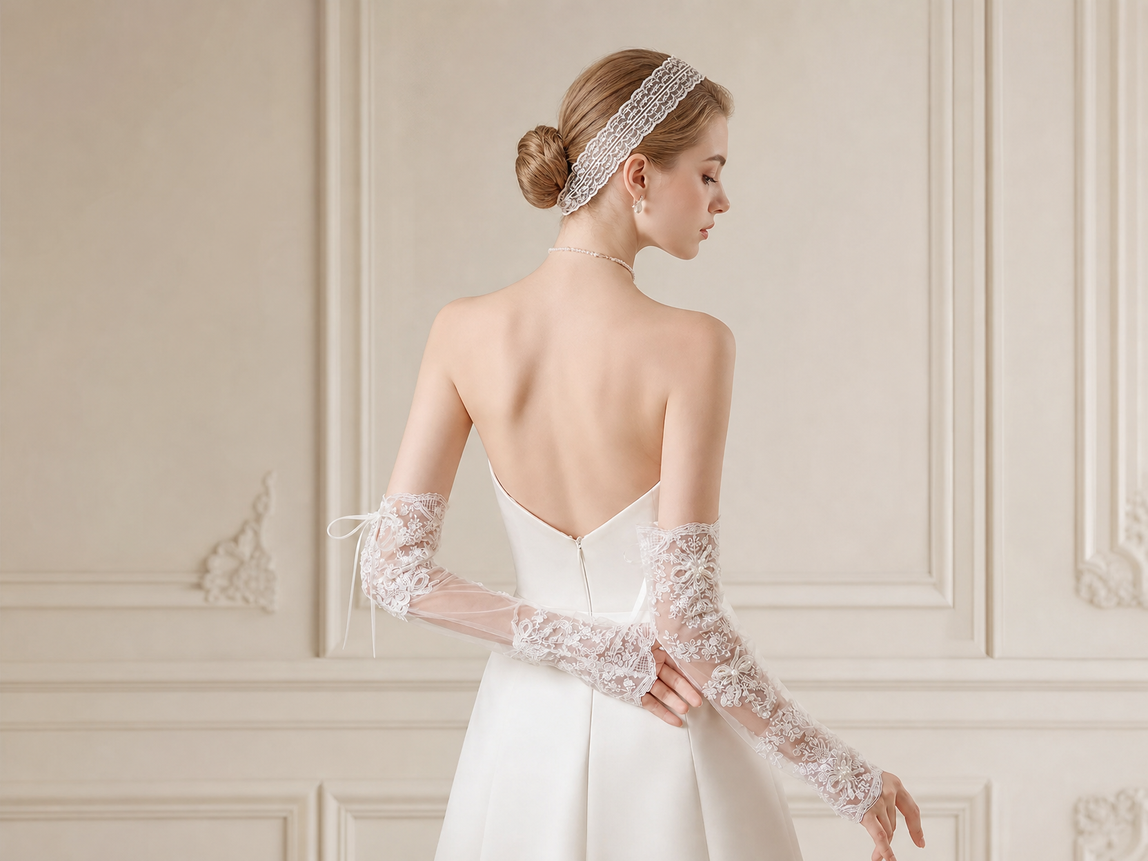 Vintage Fingerless Bridal Gloves Long 47cm, Floral Lace Wedding Sleeve Gloves with imitation pearls and Ribbon Tie for Bride Marriage Accessories LUNA-X181