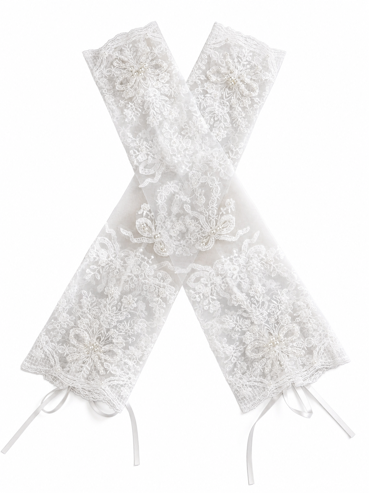 Vintage Fingerless Bridal Gloves Long 47cm, Floral Lace Wedding Sleeve Gloves with imitation pearls and Ribbon Tie for Bride Marriage Accessories LUNA-X181
