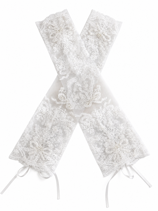 Vintage Fingerless Bridal Gloves Long 47cm, Floral Lace Wedding Sleeve Gloves with imitation pearls and Ribbon Tie for Bride Marriage Accessories LUNA-X181