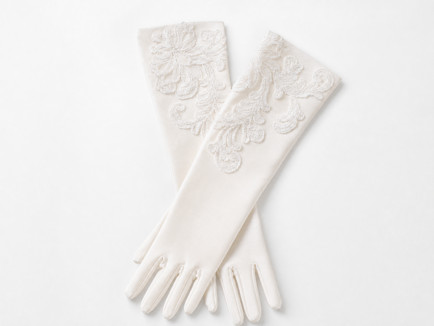 Ivory Satin Long Bridal Gloves with Delicate Embroidery | Vintage French Style Wedding Accessories (38cm)  LUNA-X187