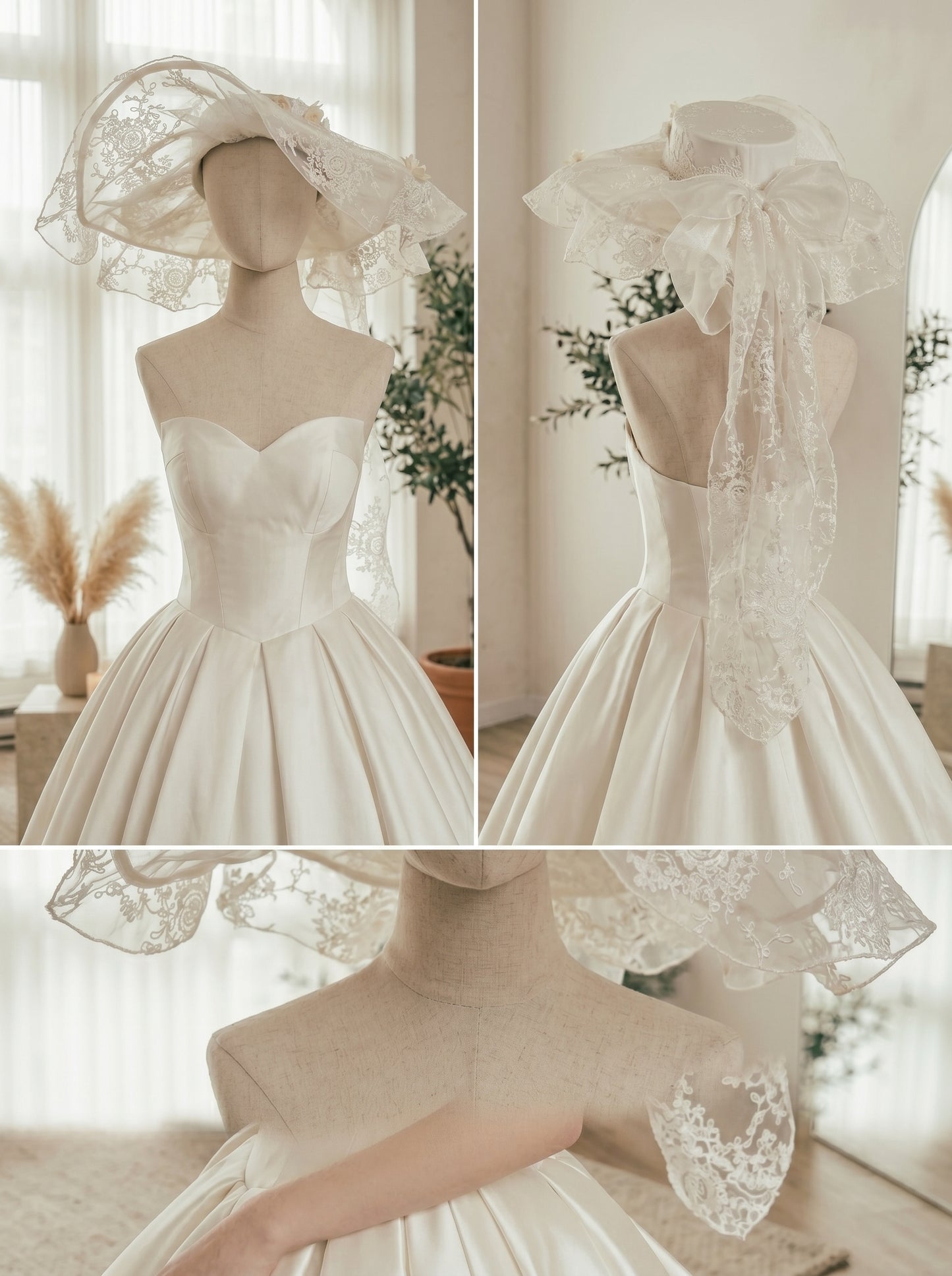 Avant-Garde Wide-Brim Bridal Hat Veil - Stiff Organza Mesh Wedding Sunhat with 3D Flowers and Embroidered French Lace LUNA-X197