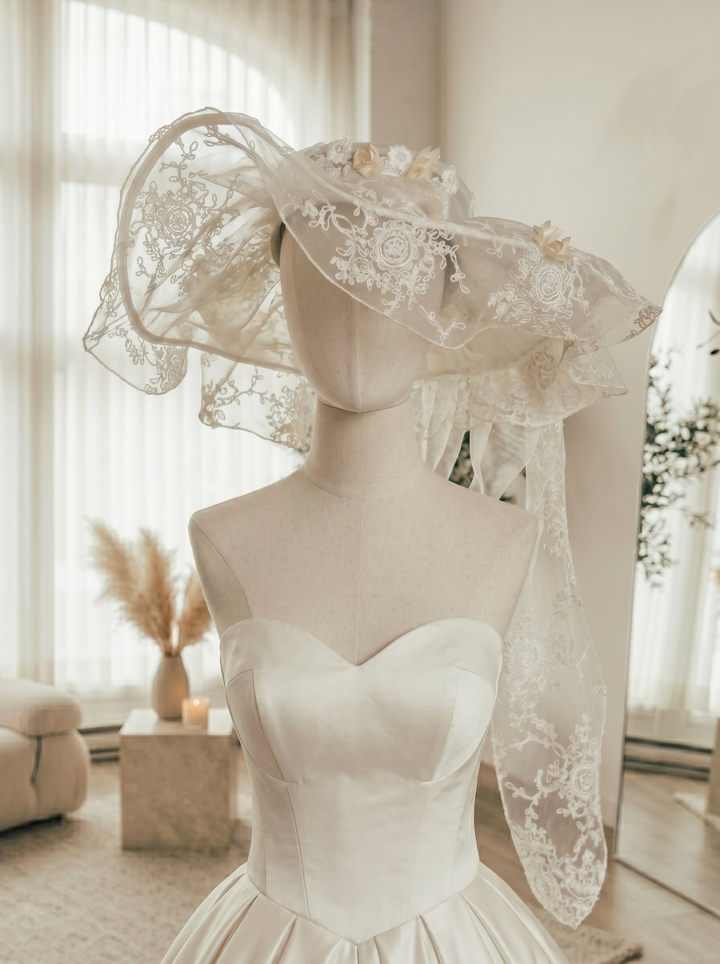 Avant-Garde Wide-Brim Bridal Hat Veil - Stiff Organza Mesh Wedding Sunhat with 3D Flowers and Embroidered French Lace LUNA-X197