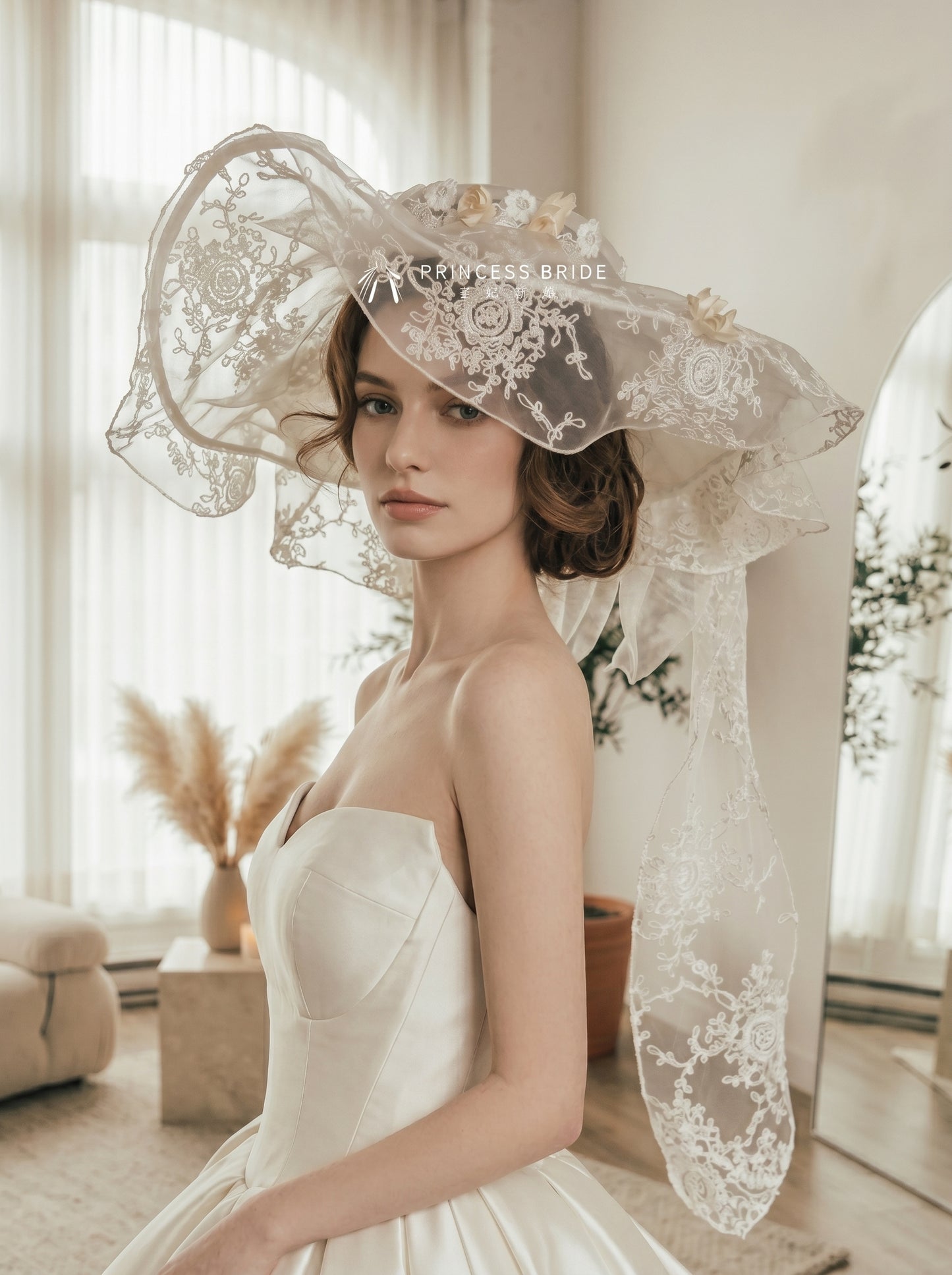 Avant-Garde Wide-Brim Bridal Hat Veil - Stiff Organza Mesh Wedding Sunhat with 3D Flowers and Embroidered French Lace LUNA-X197