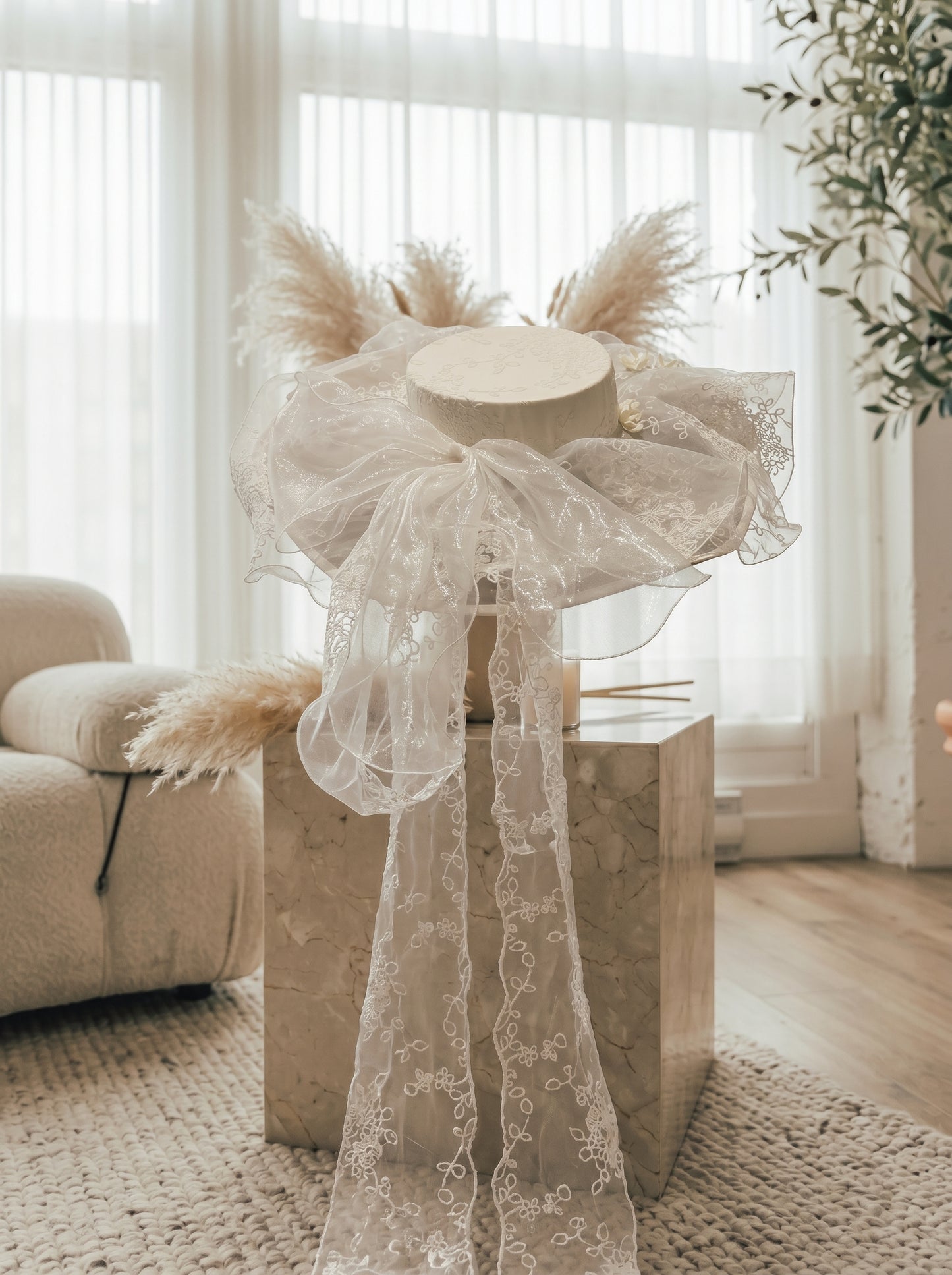 Avant-Garde Wide-Brim Bridal Hat Veil - Stiff Organza Mesh Wedding Sunhat with 3D Flowers and Embroidered French Lace LUNA-X197