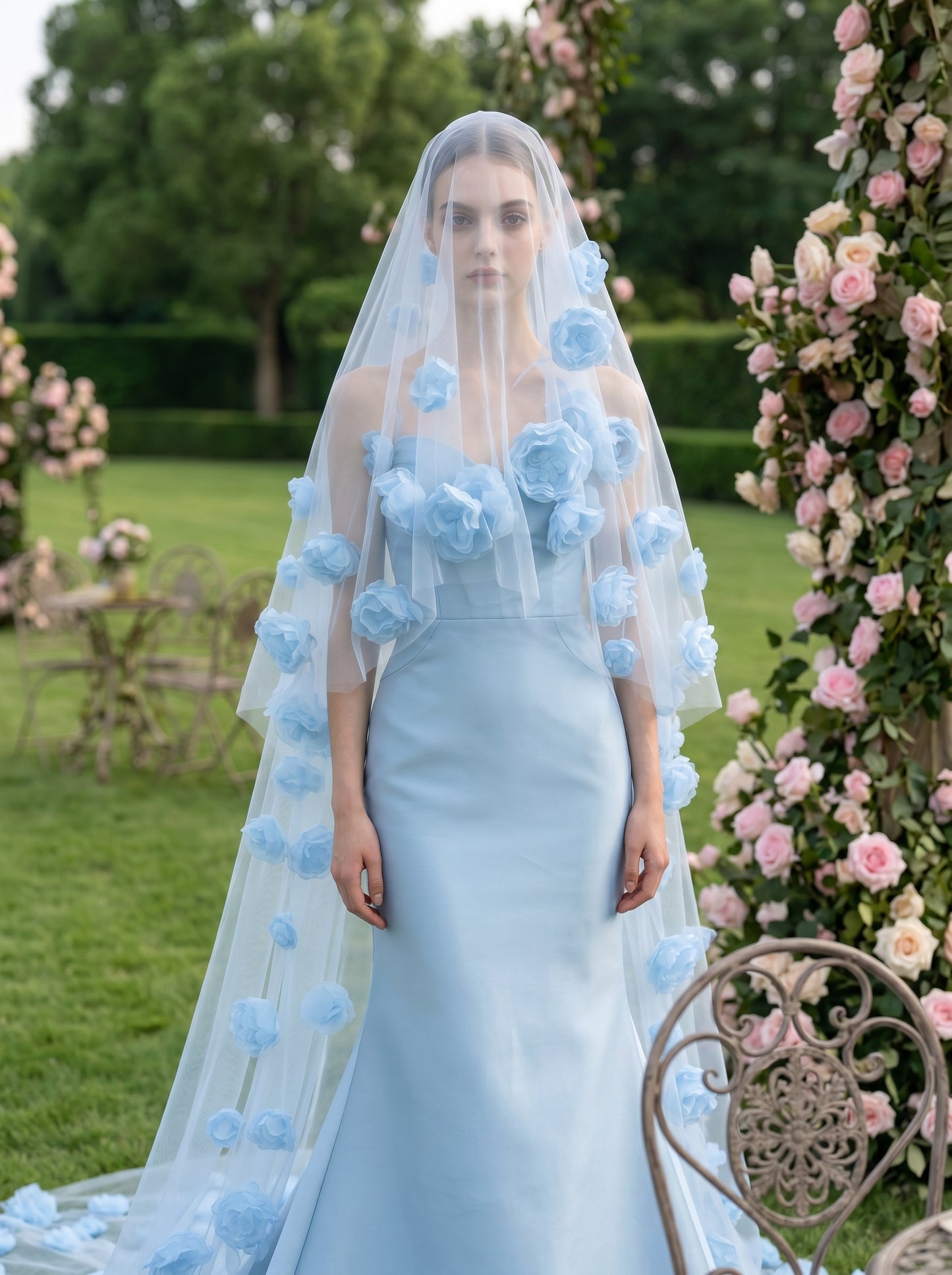 Something Blue 3D Floral Bridal Veil 300cm - Dramatic Cathedral Length Wedding Veil with Handmade Organza Flowers  LUNA-X202