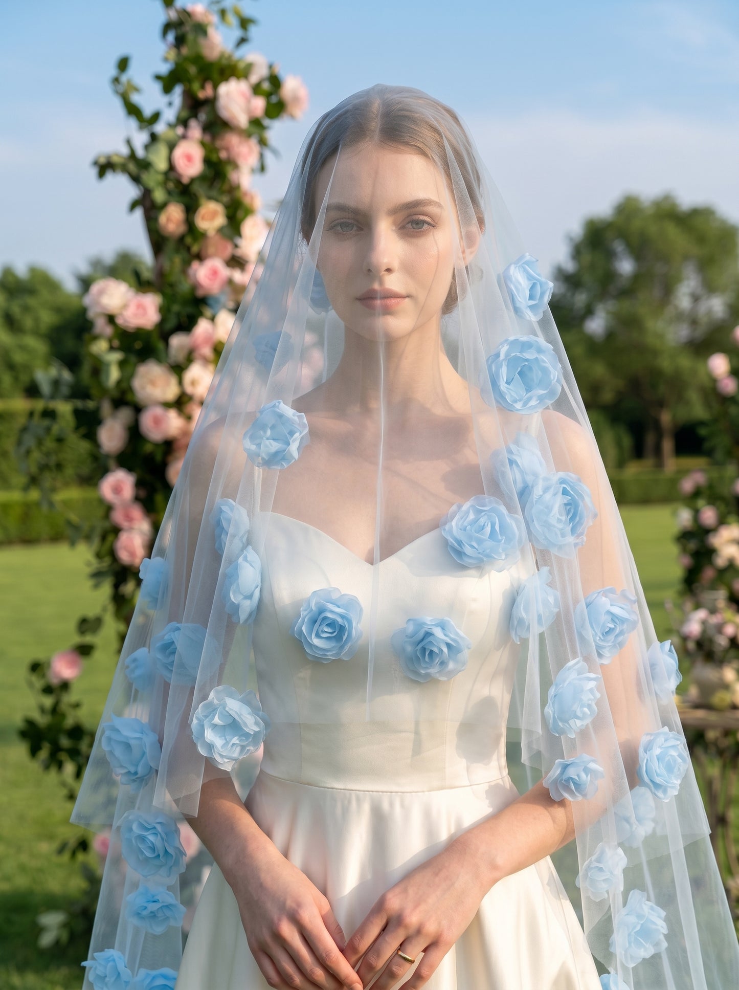 Something Blue 3D Floral Bridal Veil 300cm - Dramatic Cathedral Length Wedding Veil with Handmade Organza Flowers  LUNA-X202