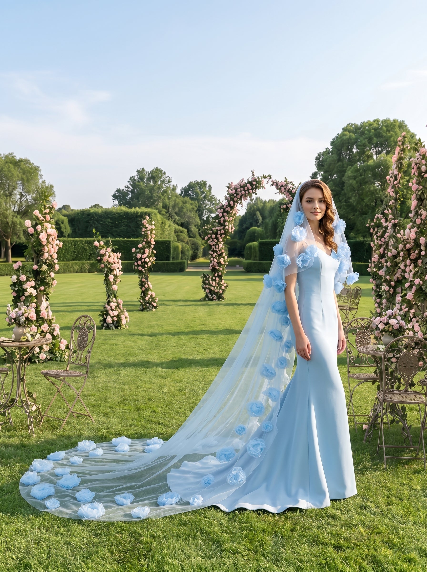 Something Blue 3D Floral Bridal Veil 300cm - Dramatic Cathedral Length Wedding Veil with Handmade Organza Flowers  LUNA-X202