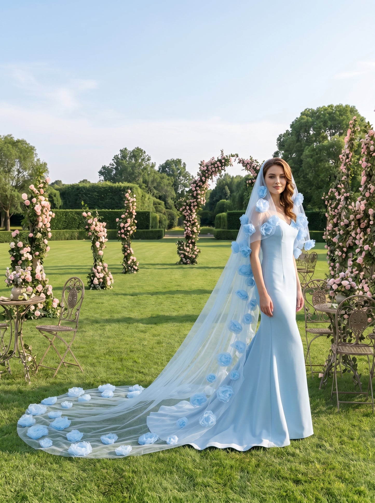Something Blue 3D Floral Bridal Veil 300cm - Dramatic Cathedral Length Wedding Veil with Handmade Organza Flowers  LUNA-X202