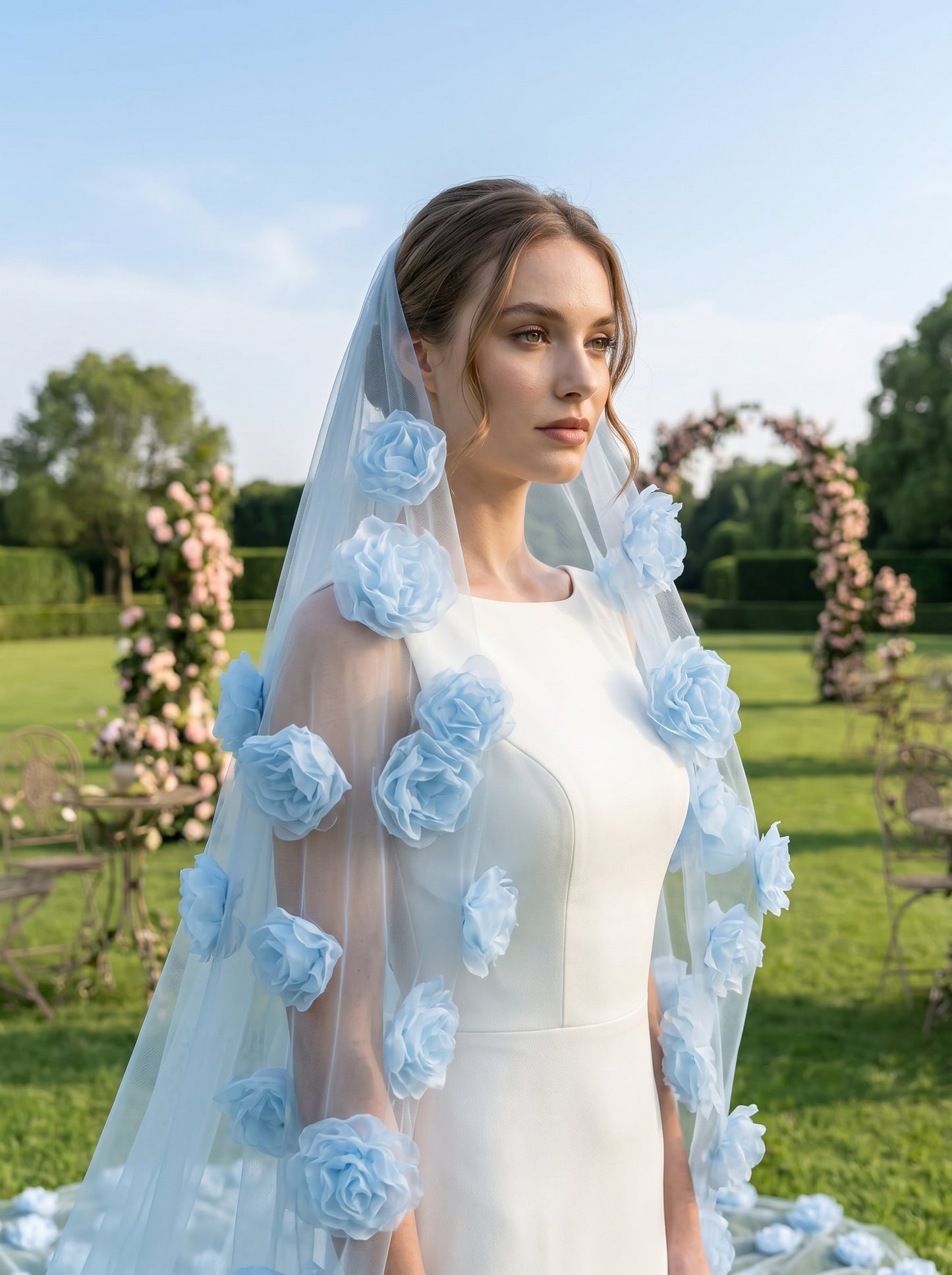 Something Blue 3D Floral Bridal Veil 300cm - Dramatic Cathedral Length Wedding Veil with Handmade Organza Flowers  LUNA-X202