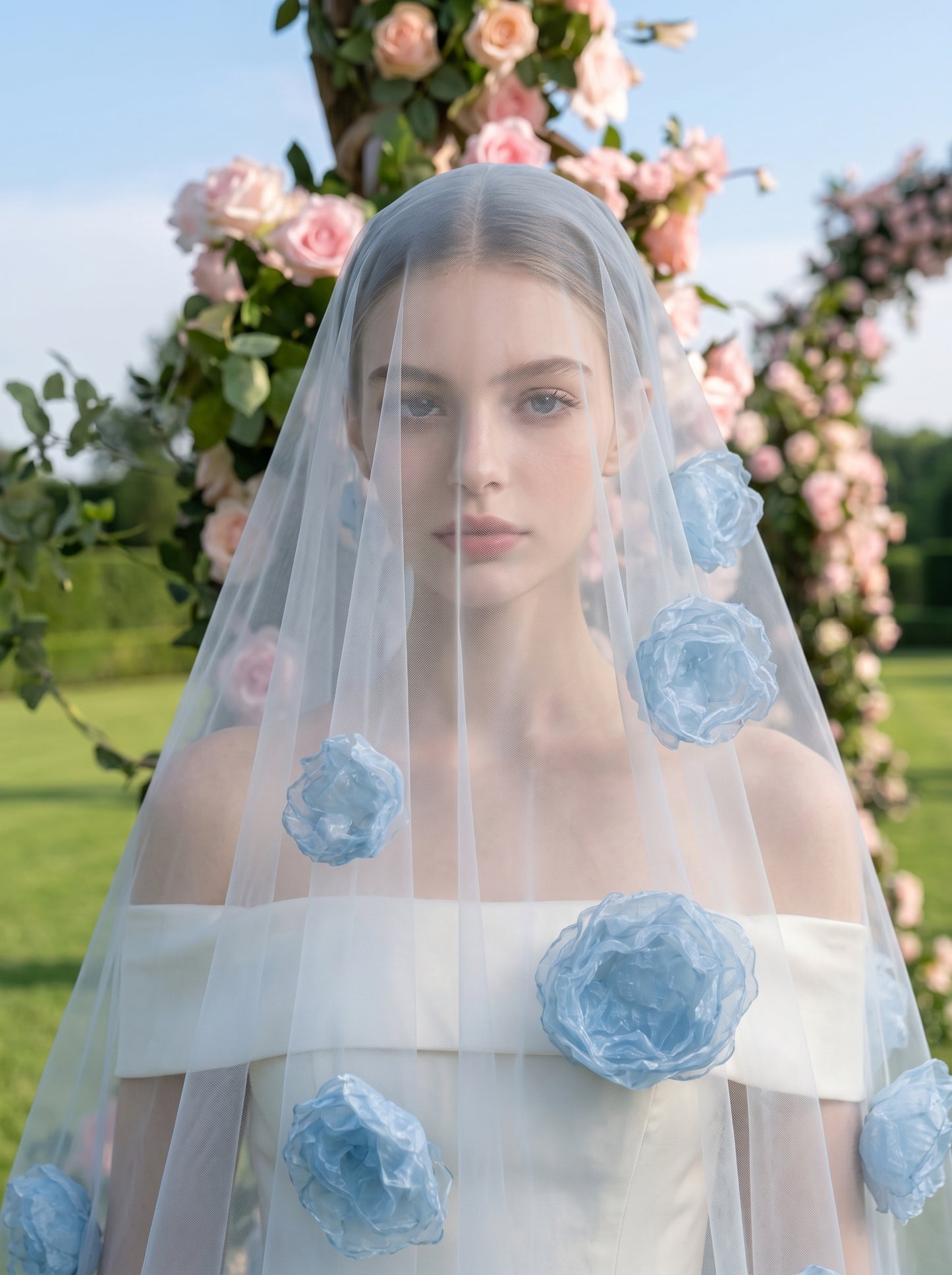 Something Blue 3D Floral Bridal Veil 300cm - Dramatic Cathedral Length Wedding Veil with Handmade Organza Flowers  LUNA-X202