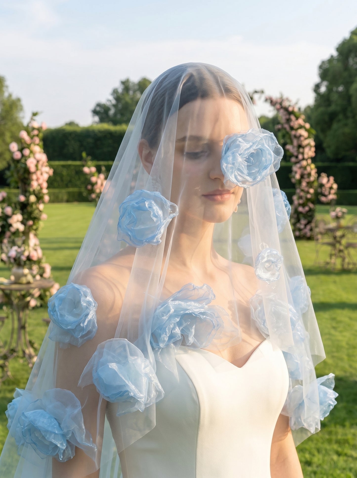 Something Blue 3D Floral Bridal Veil 300cm - Dramatic Cathedral Length Wedding Veil with Handmade Organza Flowers  LUNA-X202