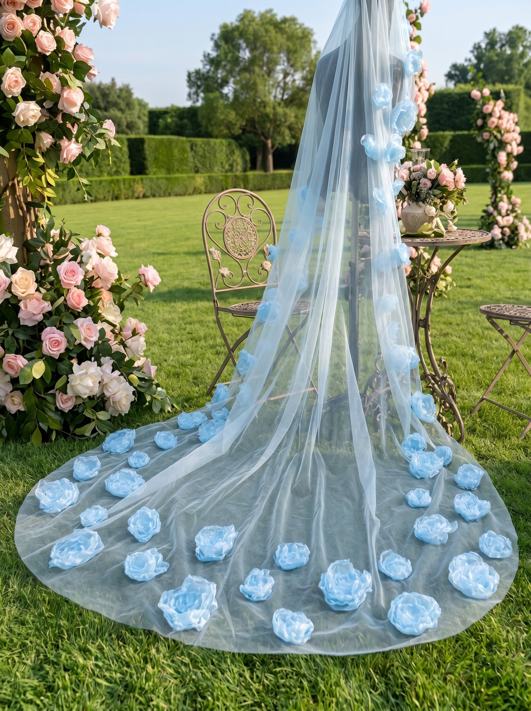 Something Blue 3D Floral Bridal Veil 300cm - Dramatic Cathedral Length Wedding Veil with Handmade Organza Flowers  LUNA-X202
