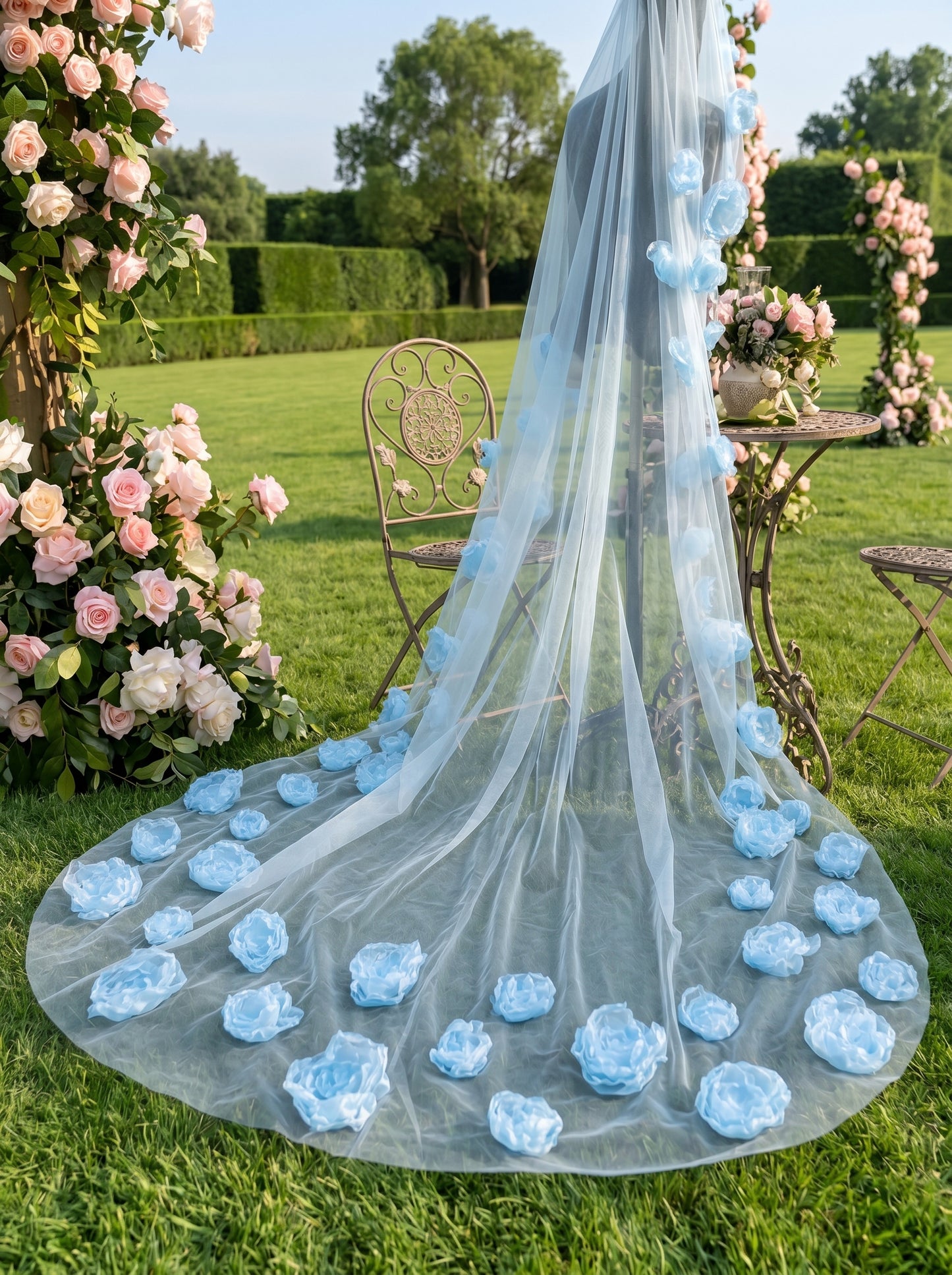 Something Blue 3D Floral Bridal Veil 300cm - Dramatic Cathedral Length Wedding Veil with Handmade Organza Flowers  LUNA-X202