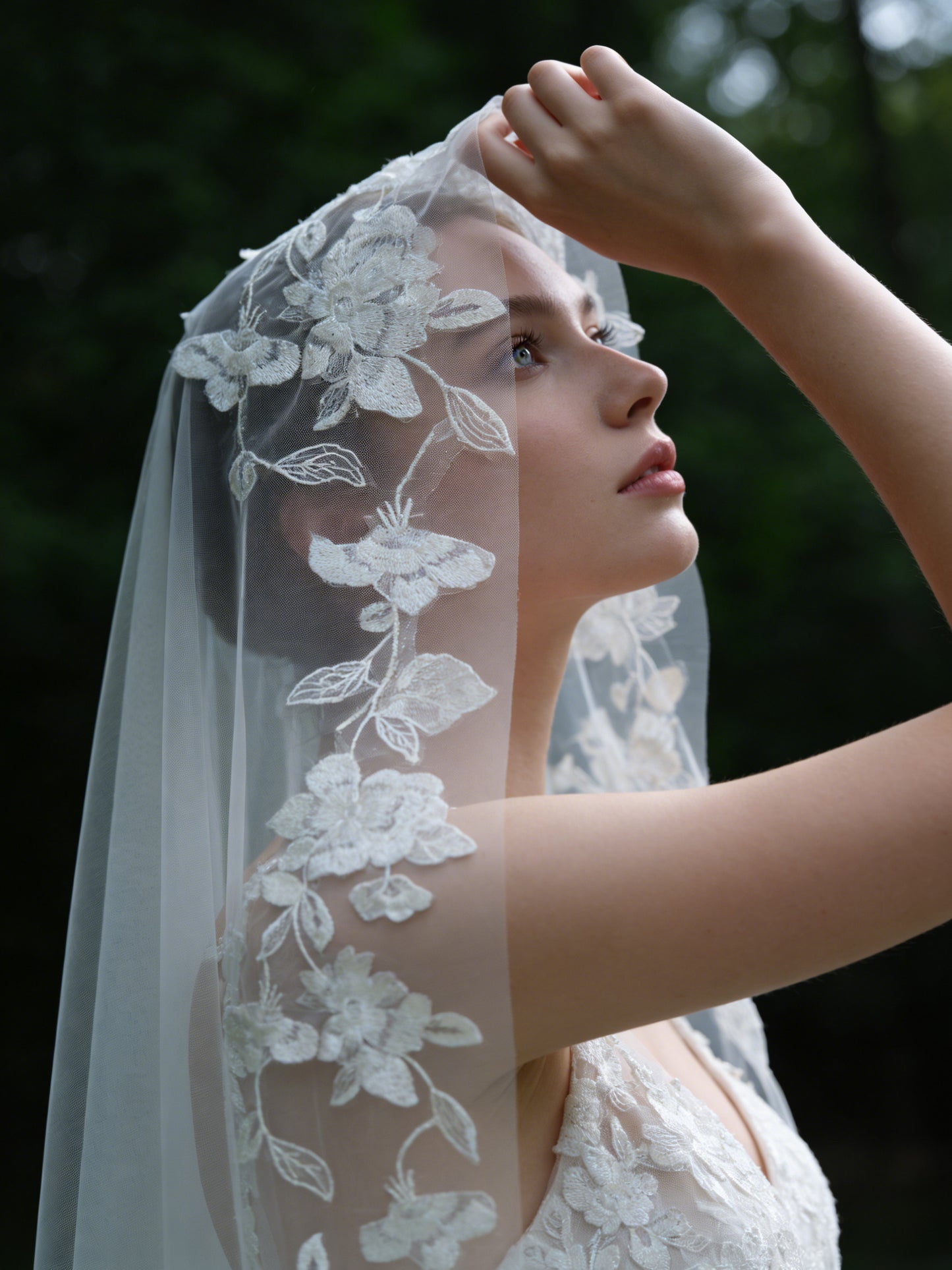 Luxury Embroidered Lace Bridal Veil 300cm - Dramatic Cathedral Length Wedding Veil with Botanical Flower Border  LUNA-X206