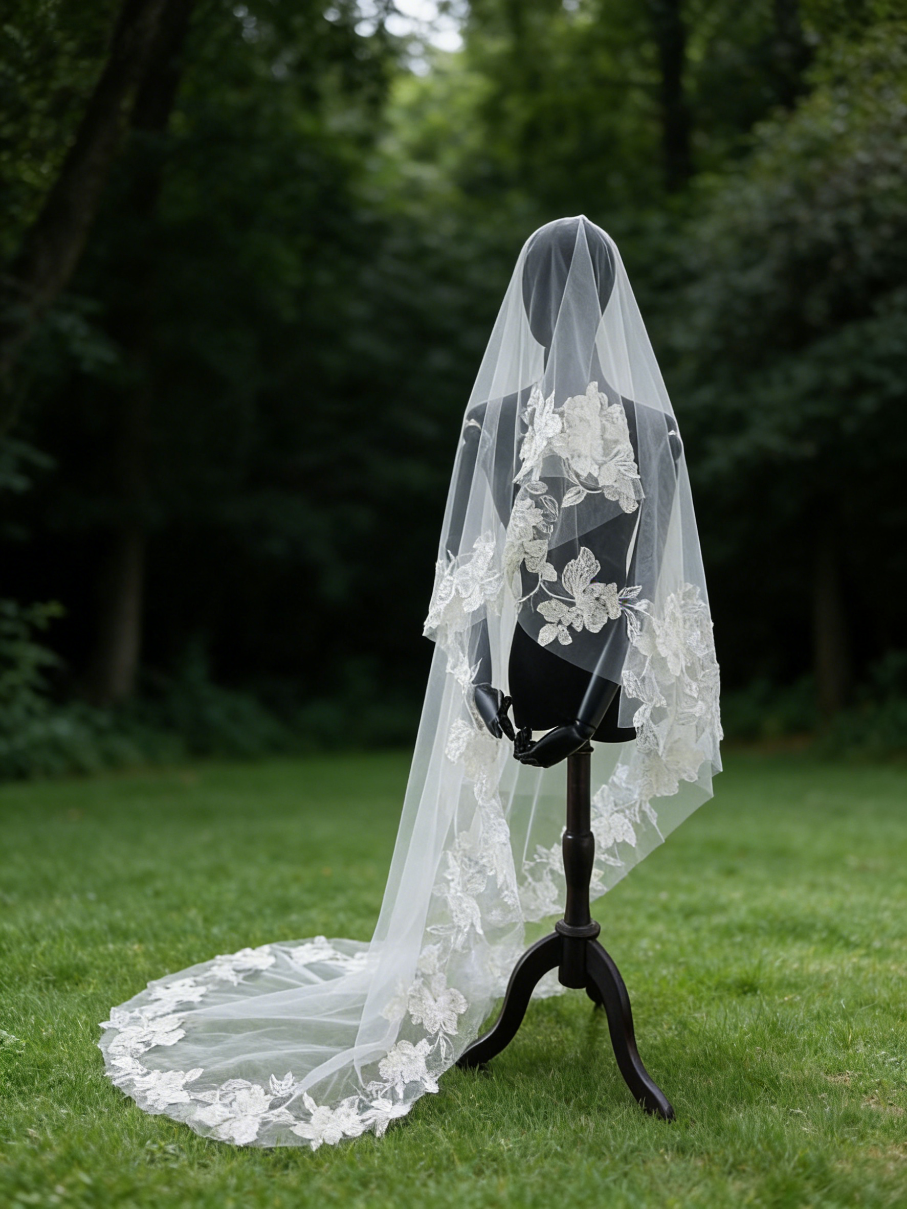 Luxury Embroidered Lace Bridal Veil 300cm - Dramatic Cathedral Length Wedding Veil with Botanical Flower Border  LUNA-X206