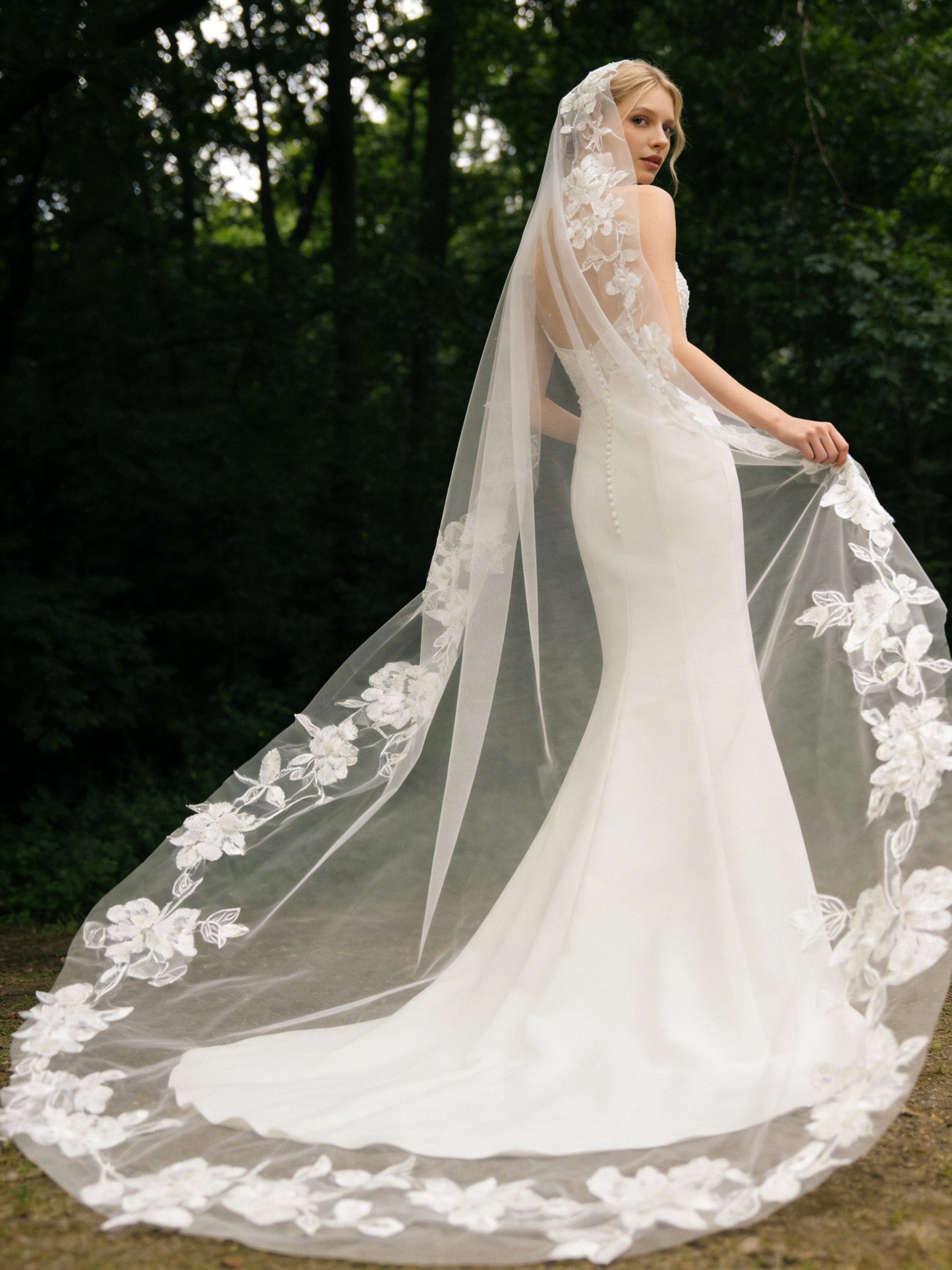 Luxury Embroidered Lace Bridal Veil 300cm - Dramatic Cathedral Length Wedding Veil with Botanical Flower Border  LUNA-X206