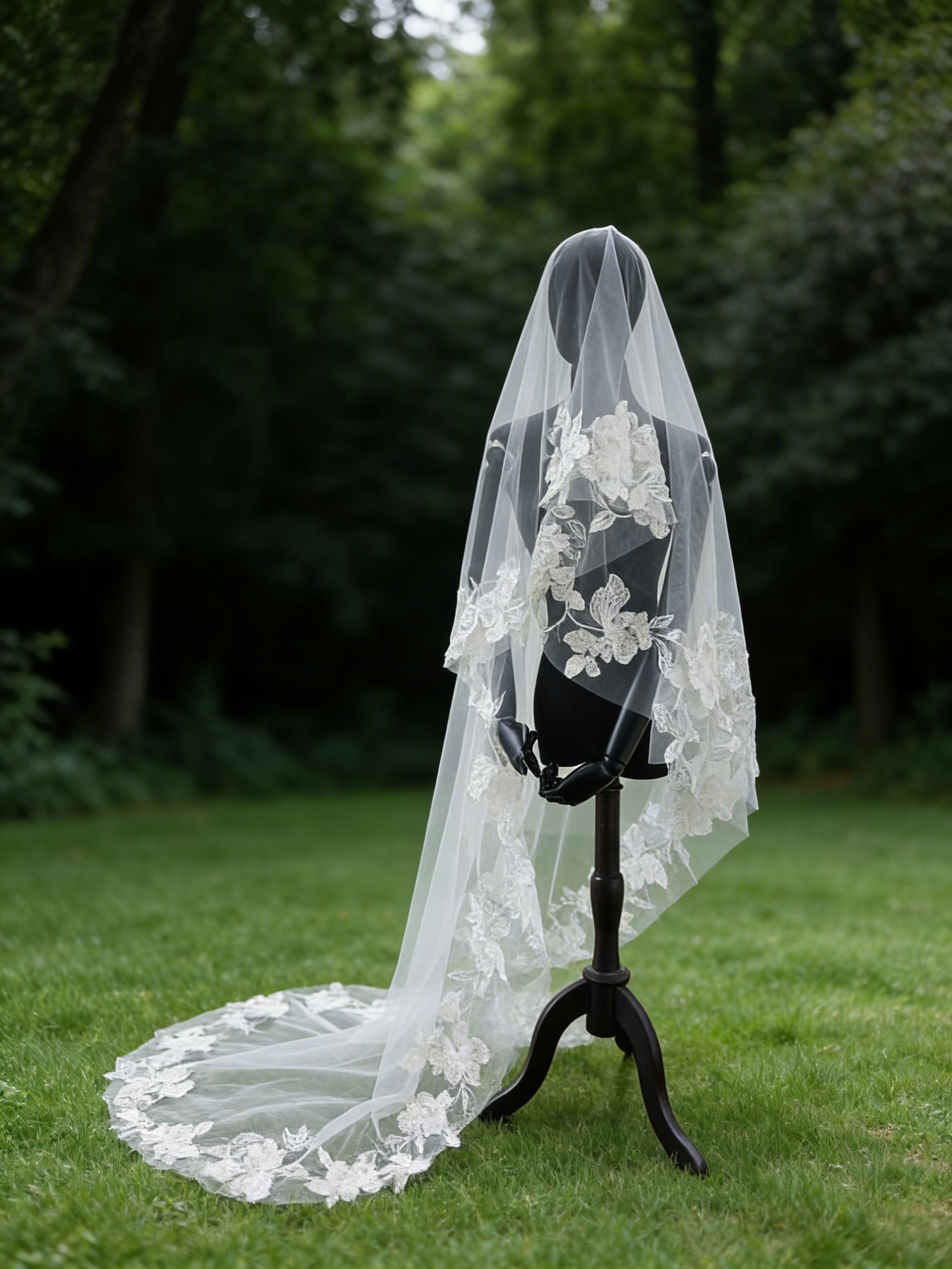 Luxury Embroidered Lace Bridal Veil 300cm - Dramatic Cathedral Length Wedding Veil with Botanical Flower Border  LUNA-X206