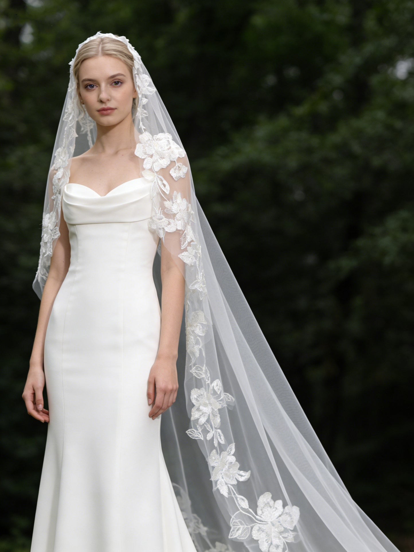 Luxury Embroidered Lace Bridal Veil 300cm - Dramatic Cathedral Length Wedding Veil with Botanical Flower Border  LUNA-X206