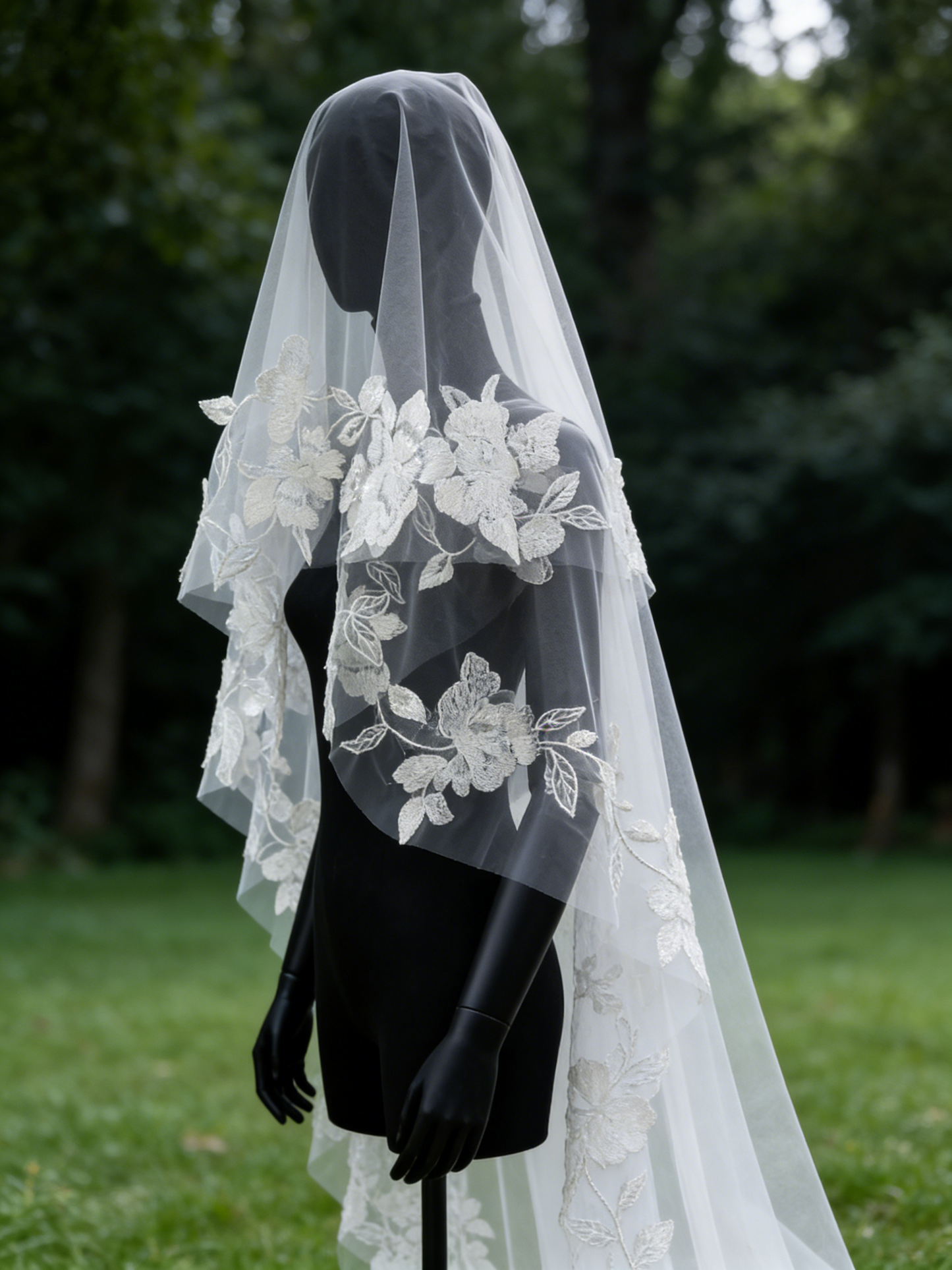 Luxury Embroidered Lace Bridal Veil 300cm - Dramatic Cathedral Length Wedding Veil with Botanical Flower Border  LUNA-X206