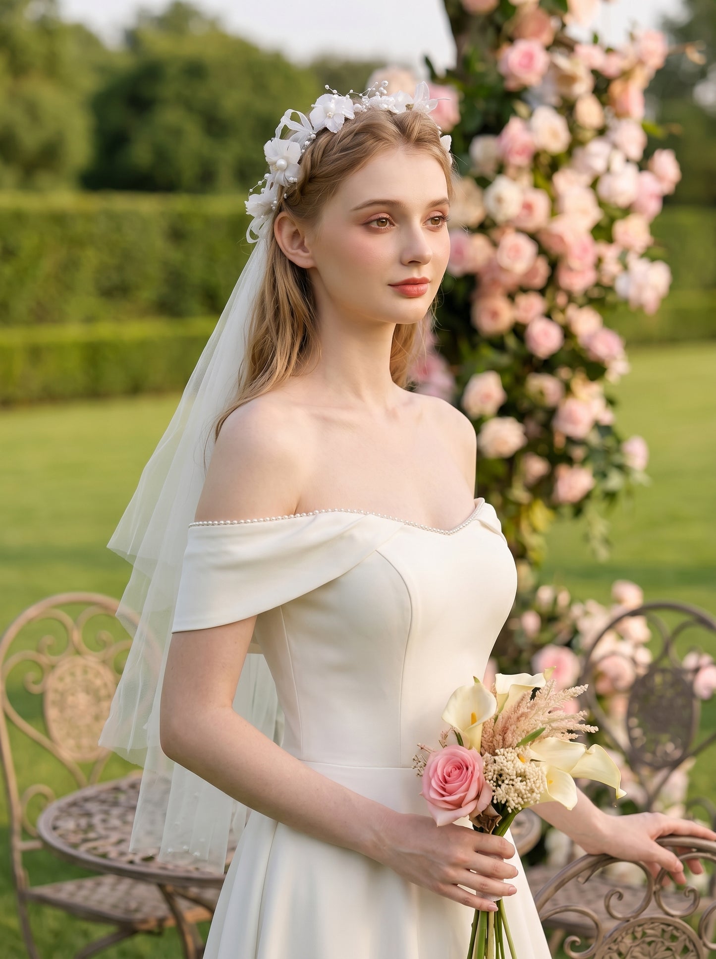 Boho Floral Crown Wedding Veil 60cm - Romantic Flower Headpiece with Soft Illusion Tulle for Modern Brides LUNA-X208