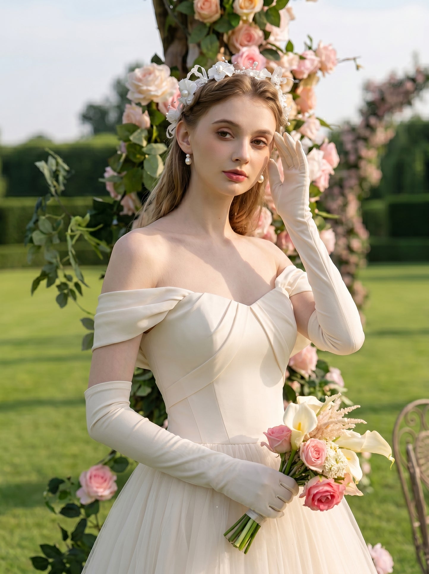 Boho Floral Crown Wedding Veil 60cm - Romantic Flower Headpiece with Soft Illusion Tulle for Modern Brides LUNA-X208