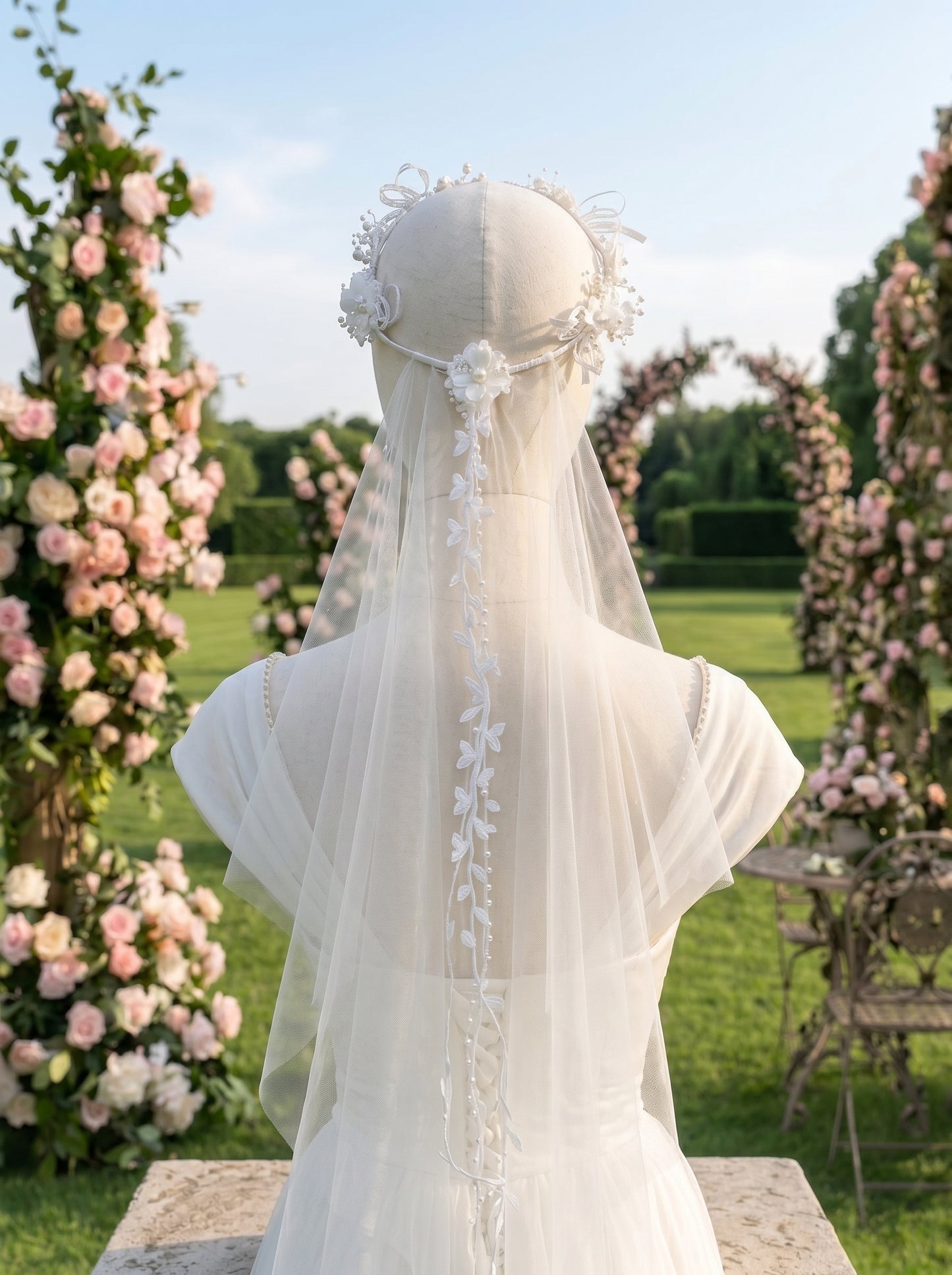 Boho Floral Crown Wedding Veil 60cm - Romantic Flower Headpiece with Soft Illusion Tulle for Modern Brides LUNA-X208