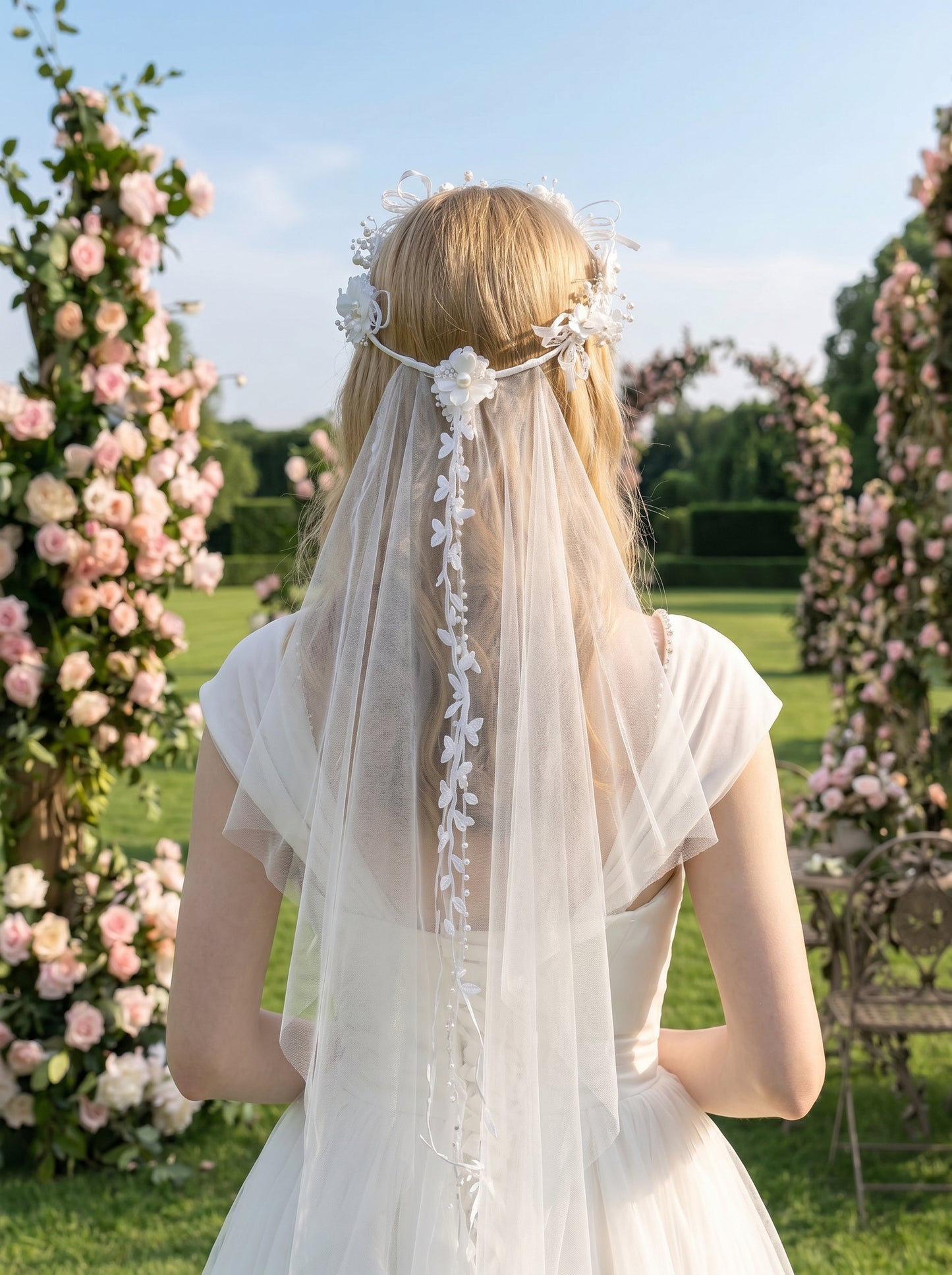 Boho Floral Crown Wedding Veil 60cm - Romantic Flower Headpiece with Soft Illusion Tulle for Modern Brides LUNA-X208