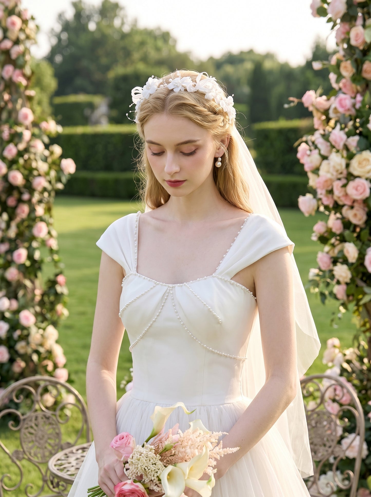 Boho Floral Crown Wedding Veil 60cm - Romantic Flower Headpiece with Soft Illusion Tulle for Modern Brides LUNA-X208