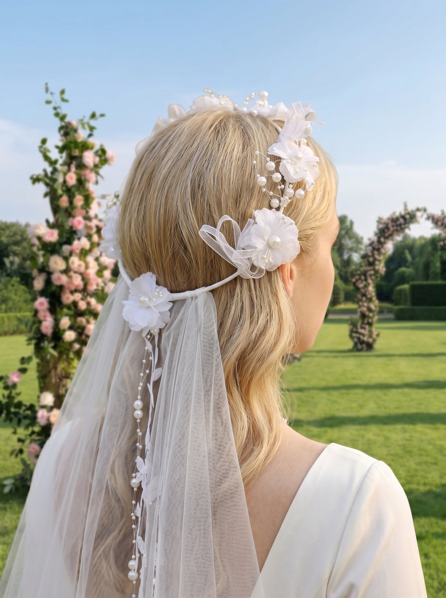 Boho Floral Crown Wedding Veil 60cm - Romantic Flower Headpiece with Soft Illusion Tulle for Modern Brides LUNA-X208