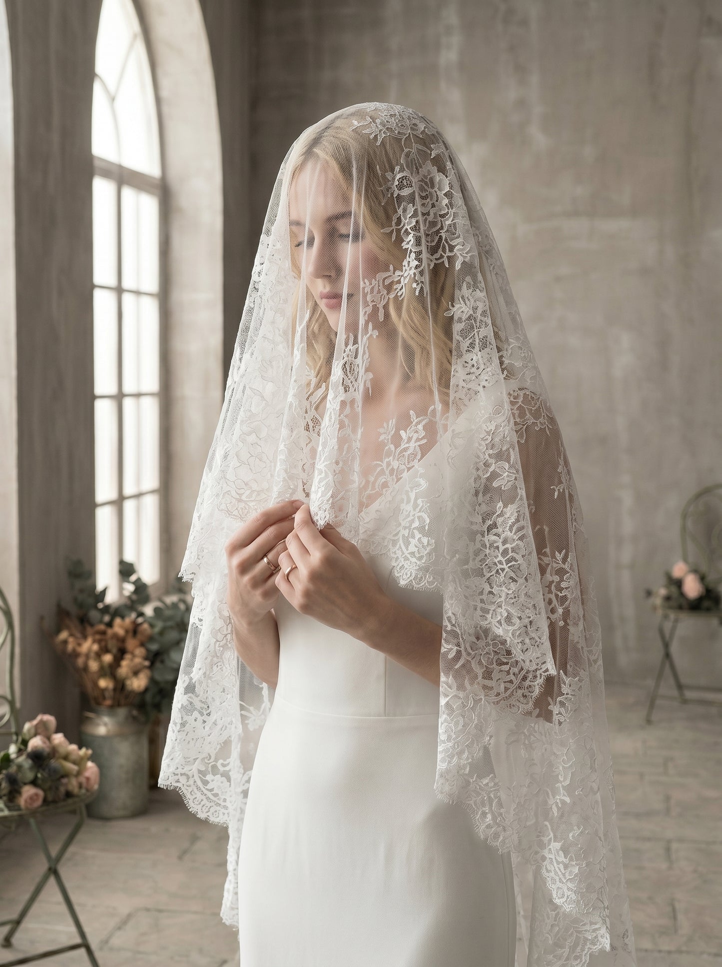 Luxury Full Lace Overlay Chapel Veil, 250cm Retro Embroidered Sheer Tulle Train, Elegant Classic Heirloom Wedding Veil  LUNA-X210