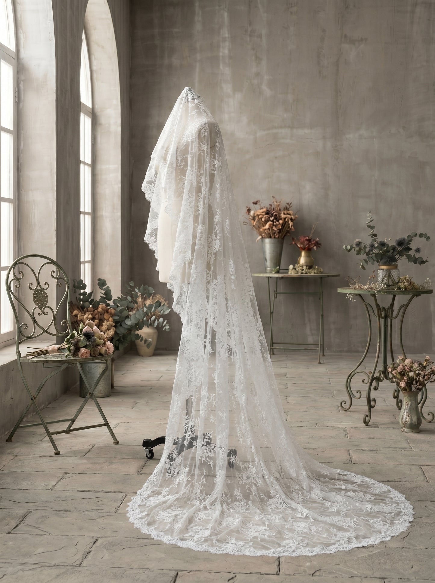Luxury Full Lace Overlay Chapel Veil, 250cm Retro Embroidered Sheer Tulle Train, Elegant Classic Heirloom Wedding Veil  LUNA-X210