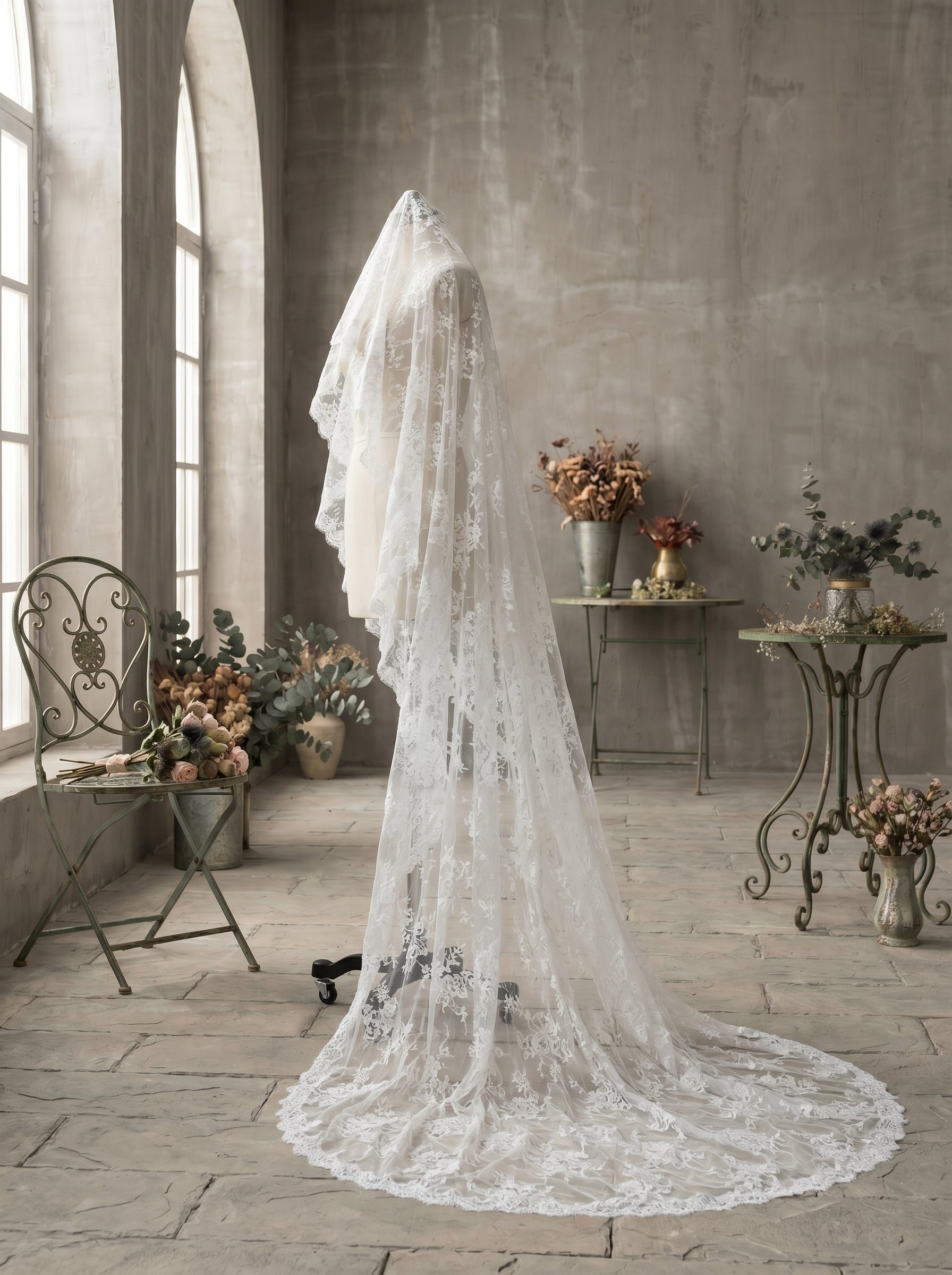 Luxury Full Lace Overlay Chapel Veil, 250cm Retro Embroidered Sheer Tulle Train, Elegant Classic Heirloom Wedding Veil  LUNA-X210