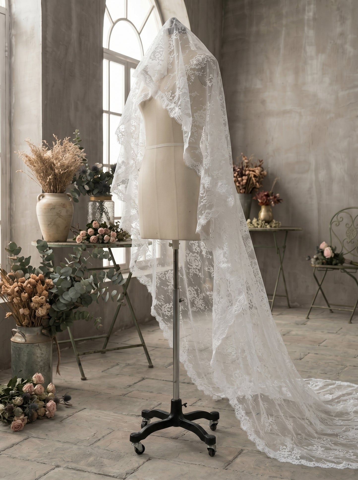 Luxury Full Lace Overlay Chapel Veil, 250cm Retro Embroidered Sheer Tulle Train, Elegant Classic Heirloom Wedding Veil  LUNA-X210